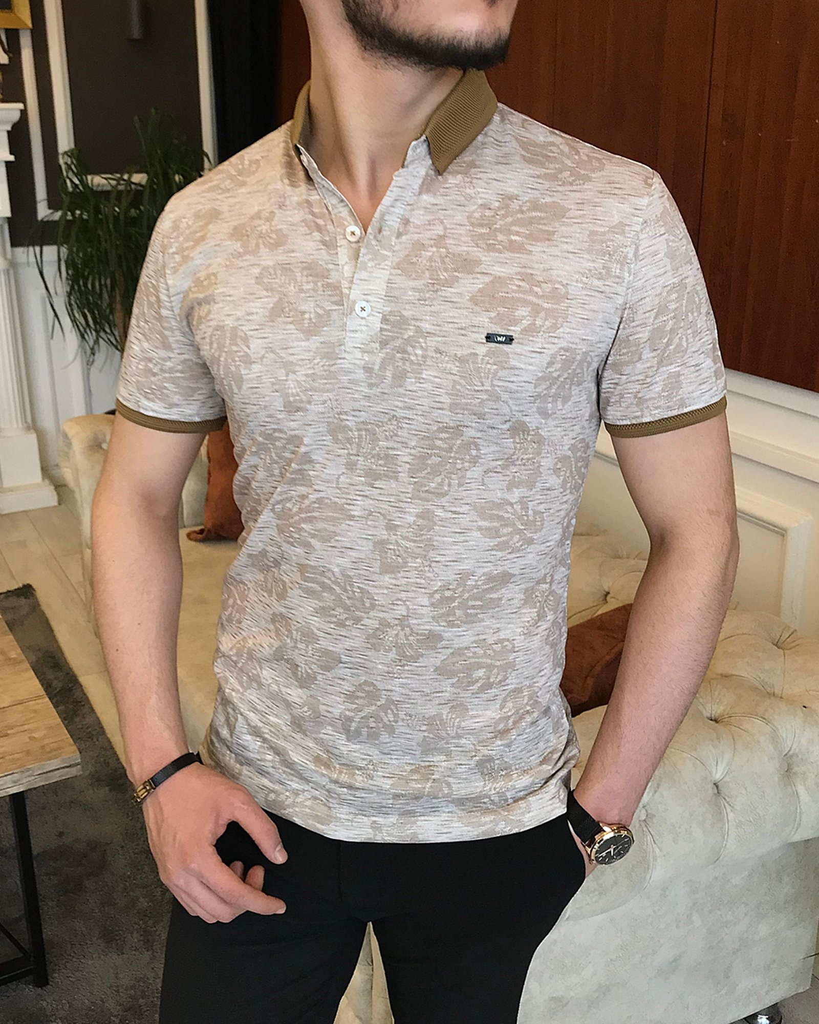 İtalyan stil slim fit polo yaka kısa kollu desenli tişört Bej T7107