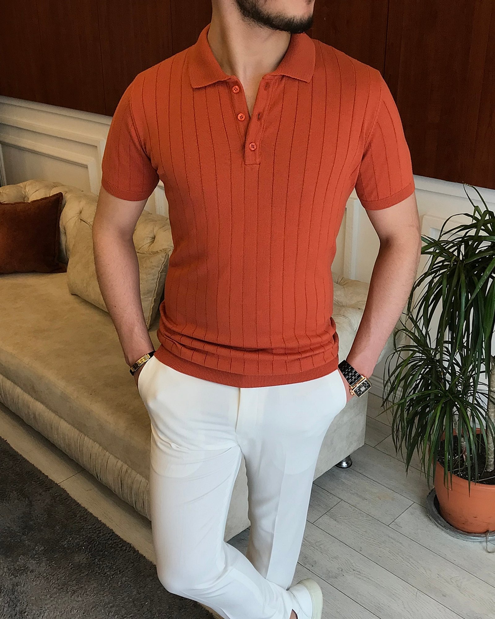 İtalyan stil slim fit polo yaka kısa kollu triko tişört Turuncu T7102