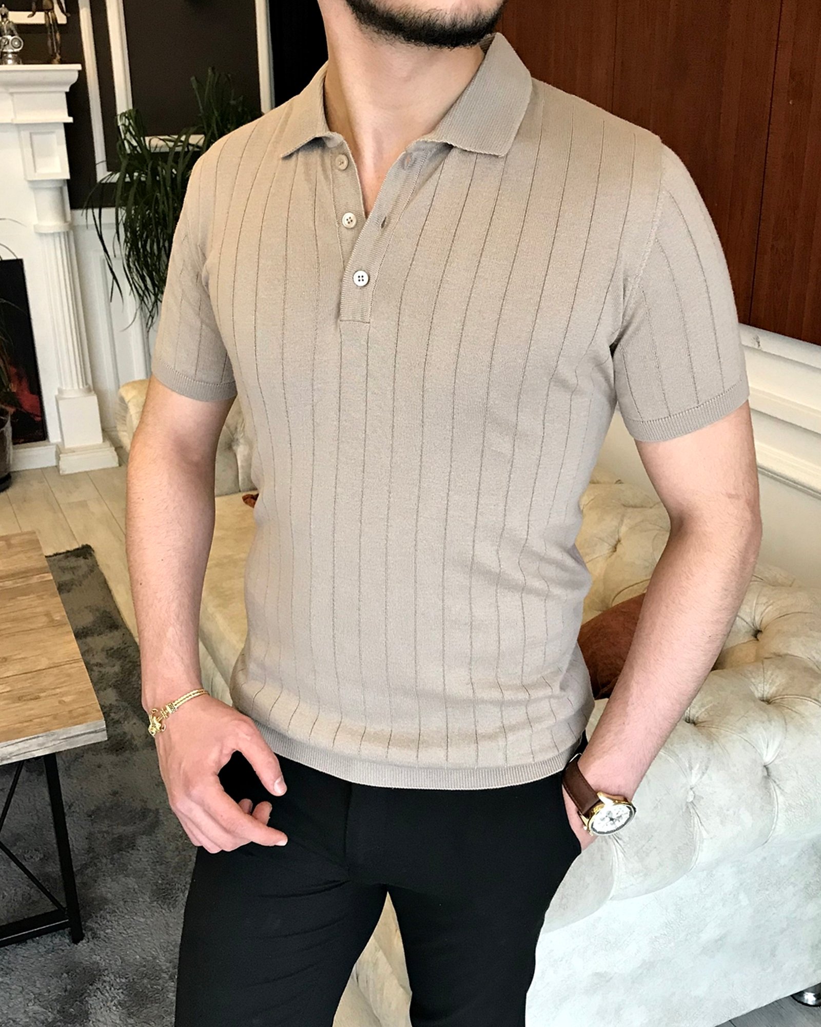 İtalyan stil slim fit polo yaka kısa kollu triko tişört Bej T7104