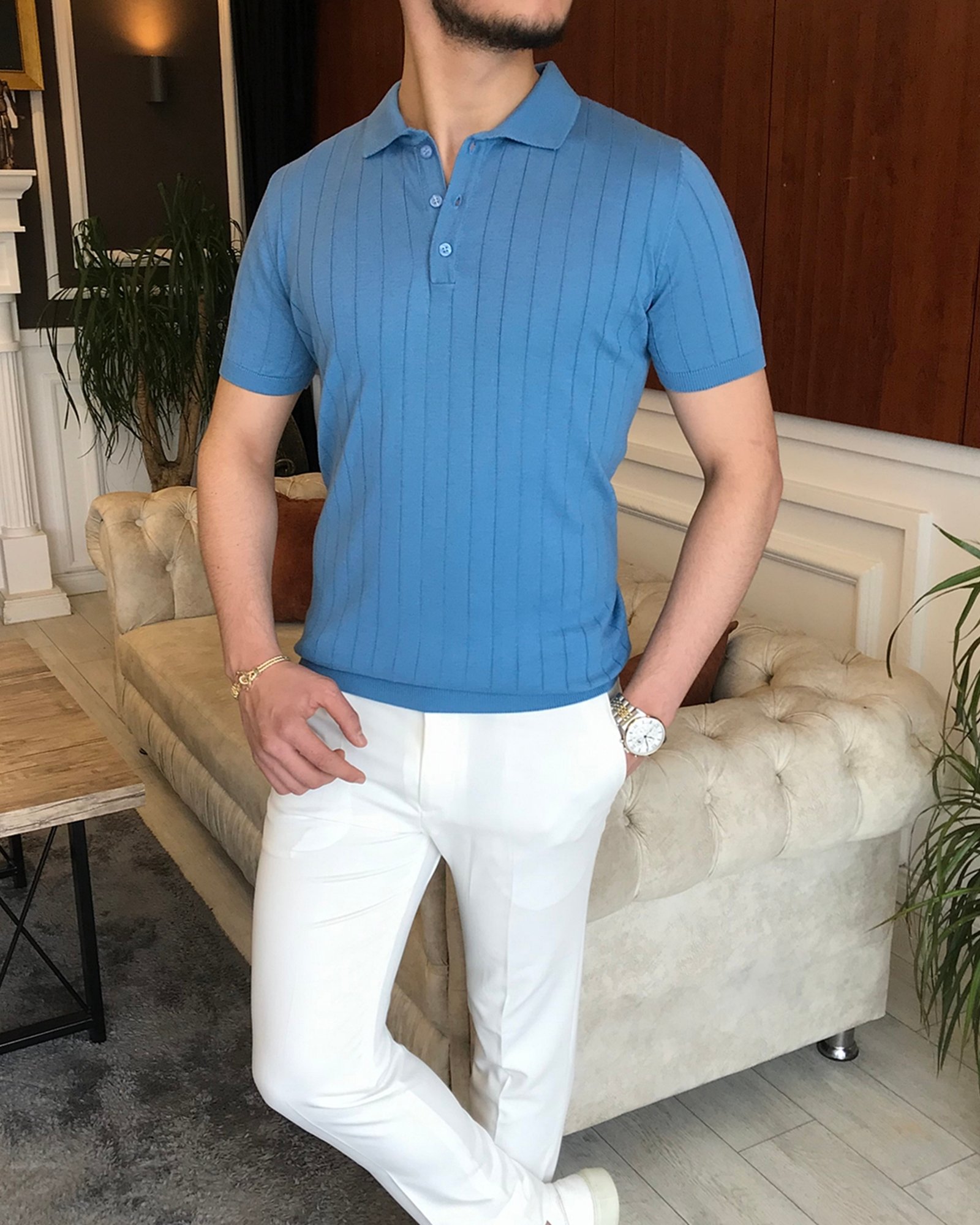 İtalyan stil slim fit polo yaka kısa kollu triko tişört Mavi T7101