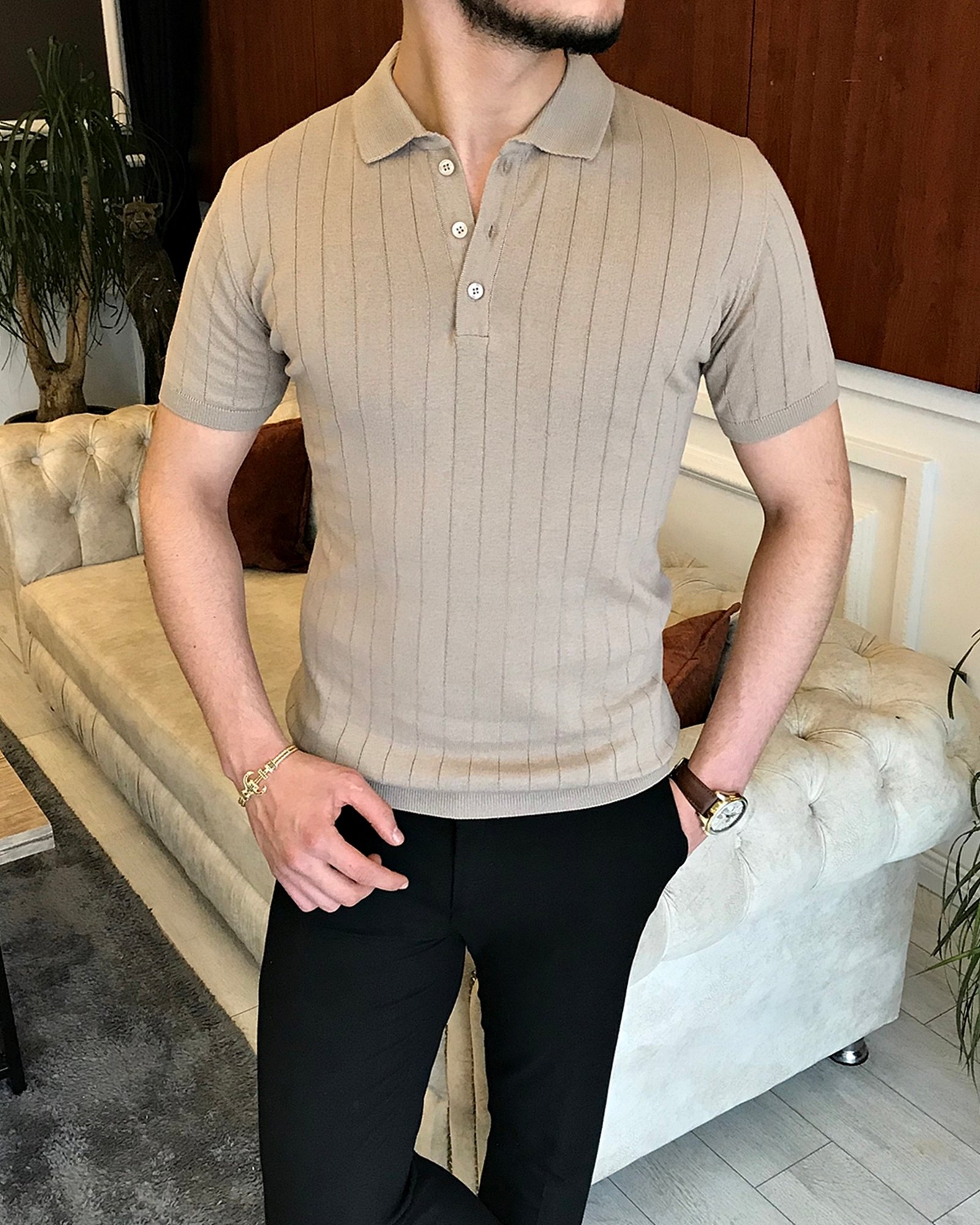 İtalyan stil slim fit polo yaka kısa kollu triko tişört Bej T7104