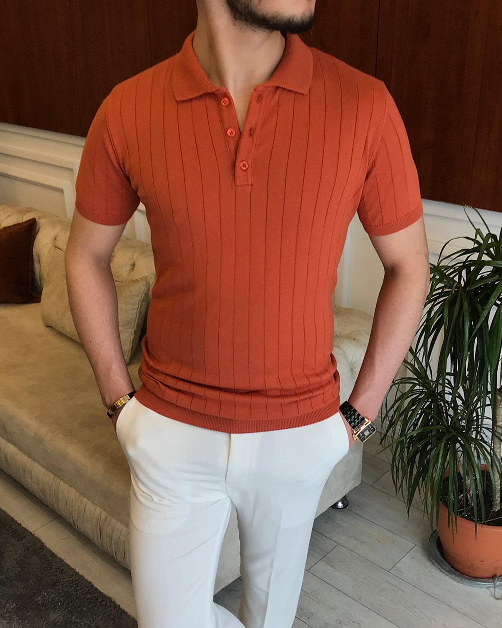 İtalyan stil slim fit polo yaka kısa kollu triko tişört Turuncu T7102