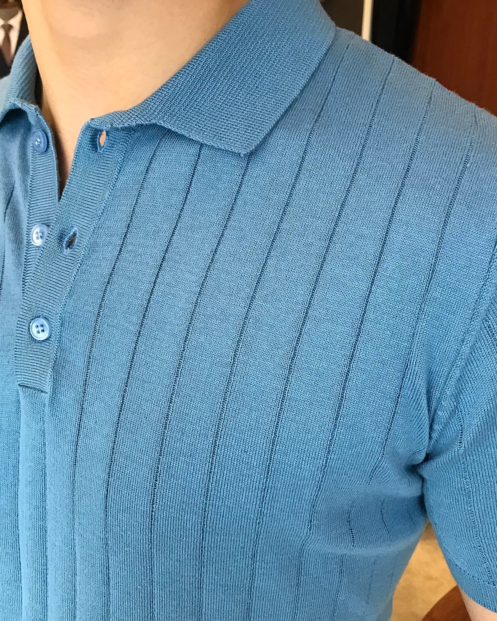 İtalyan stil slim fit polo yaka kısa kollu triko tişört Mavi T7101