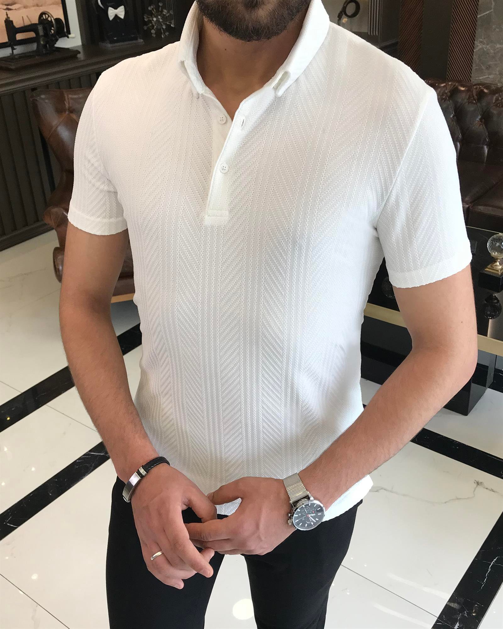 Italian style slim fit polo collar cotton t-shirt ecru T9384