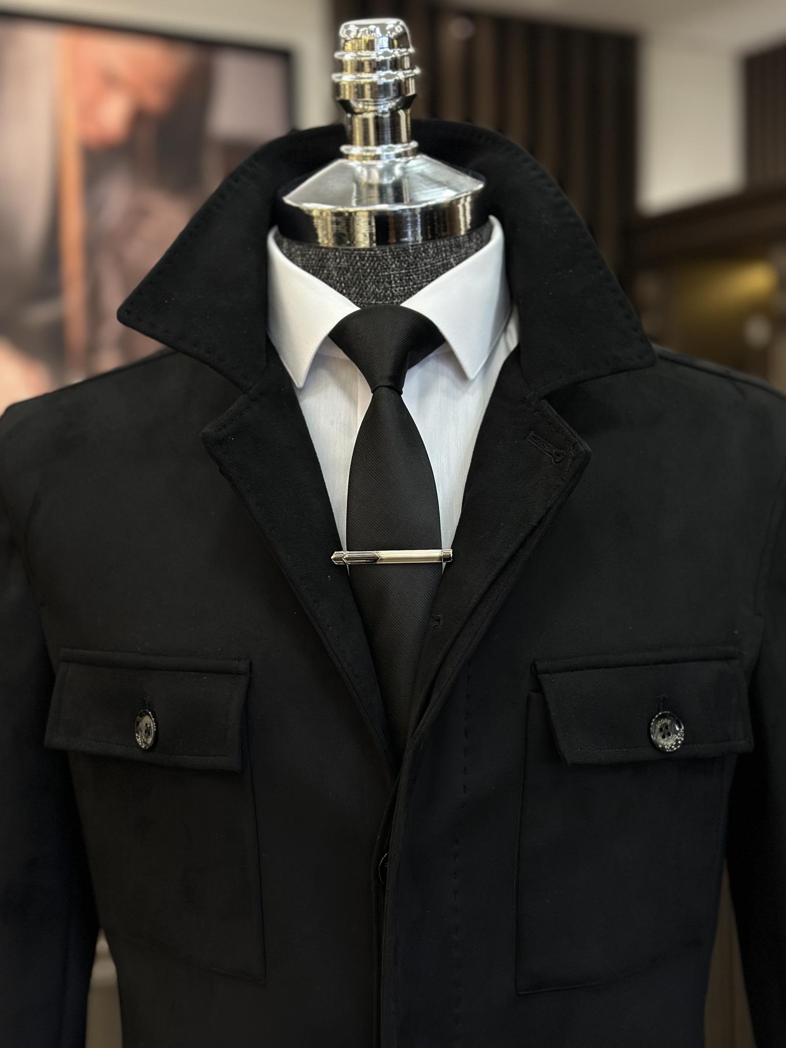 İtalyan stil slim fit  polo yaka süet erkek mont siyah  T10816