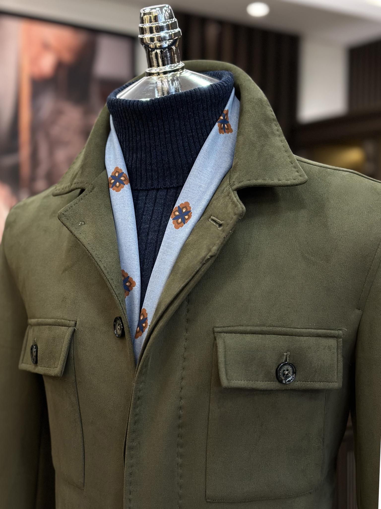 İtalyan stil slim fit  polo yaka süet erkek mont yeşil T10818