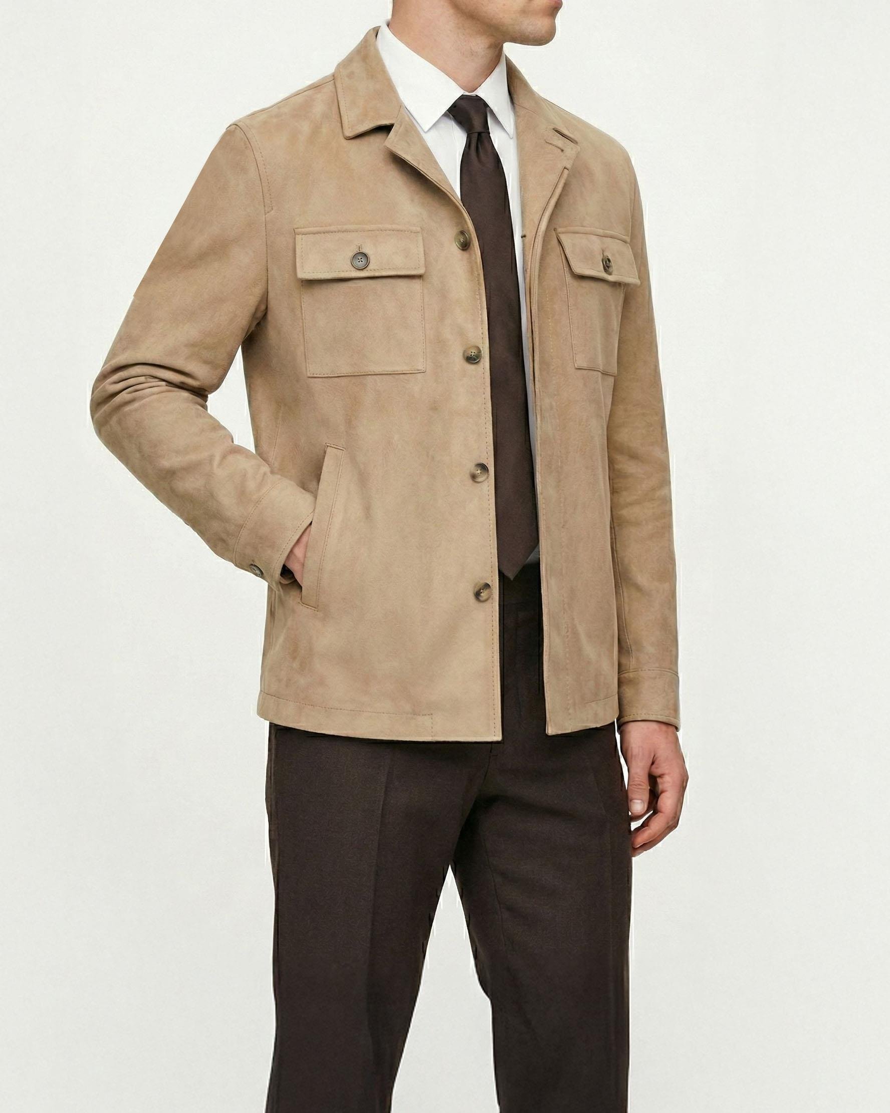 İtalyan stil slim fit  polo yaka süet erkek mont bej  T14705