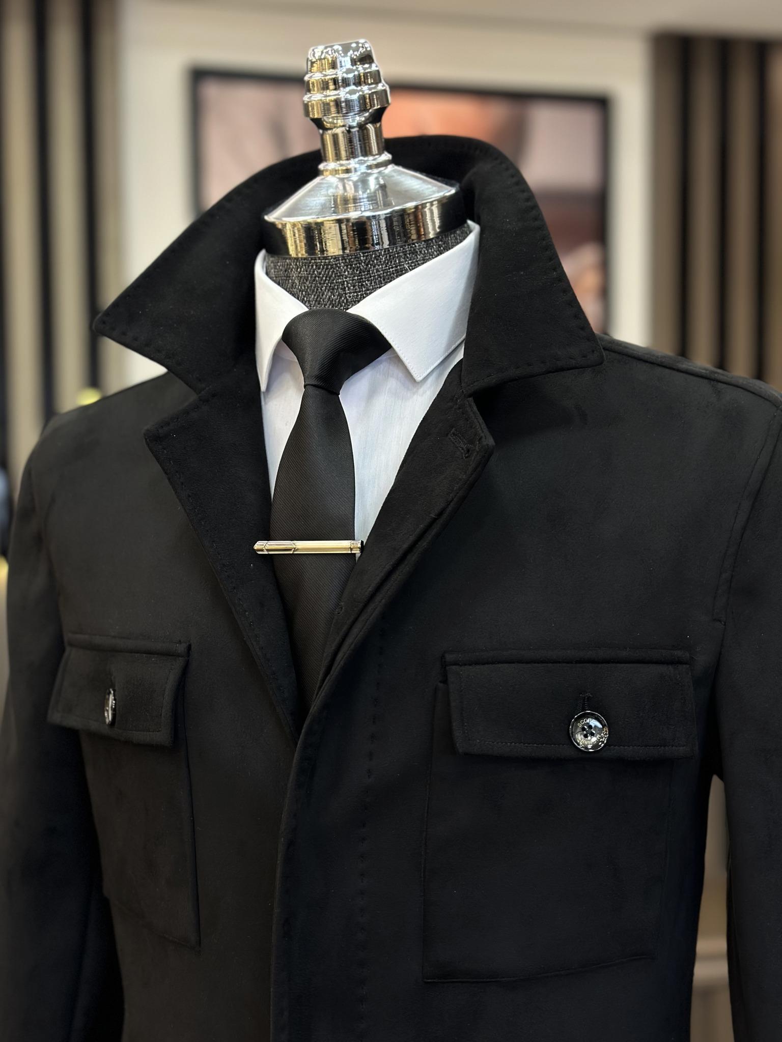 İtalyan stil slim fit  polo yaka süet erkek mont siyah  T10816