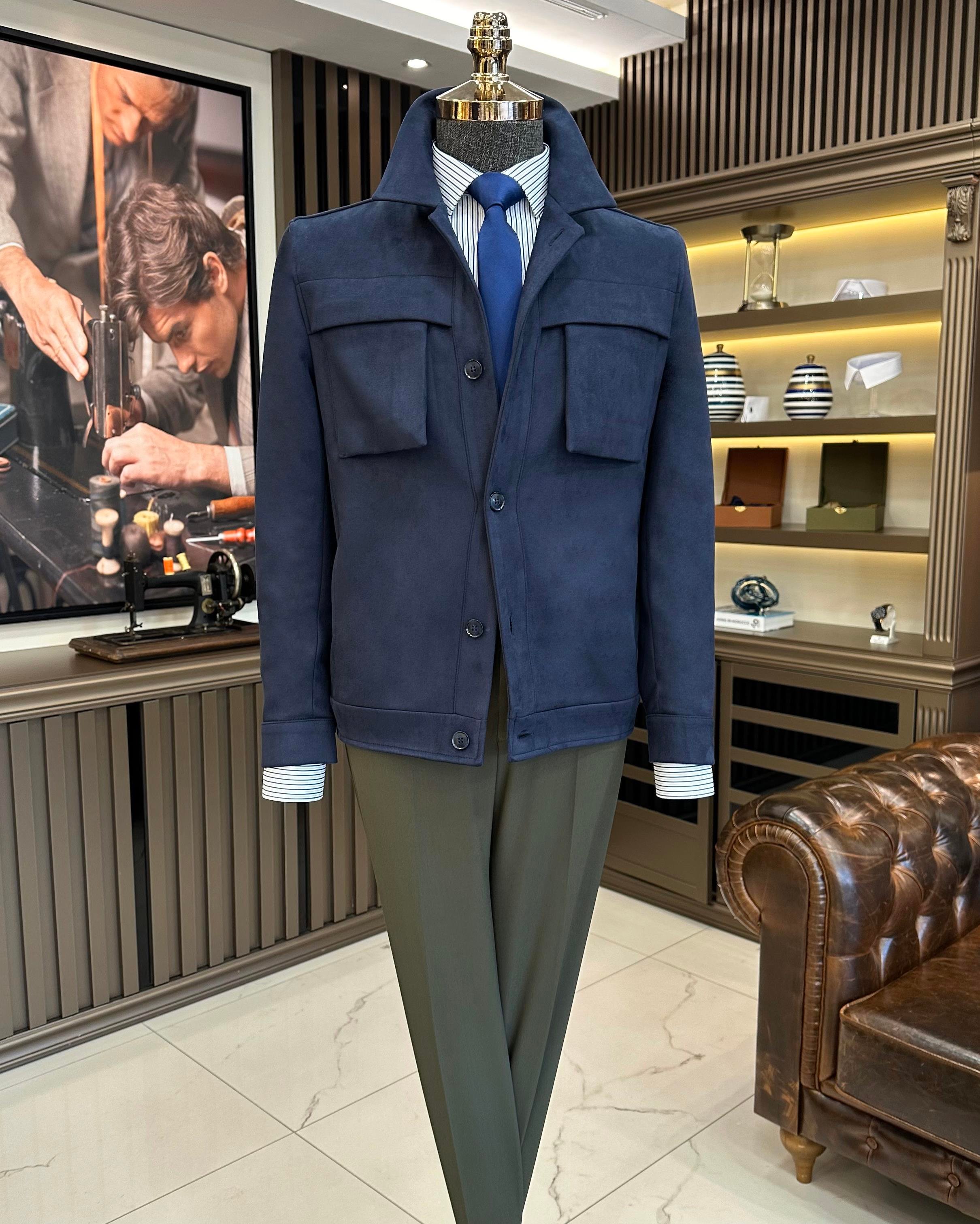 Italian style slim fit polo collar suede men's coat navy blue T10263