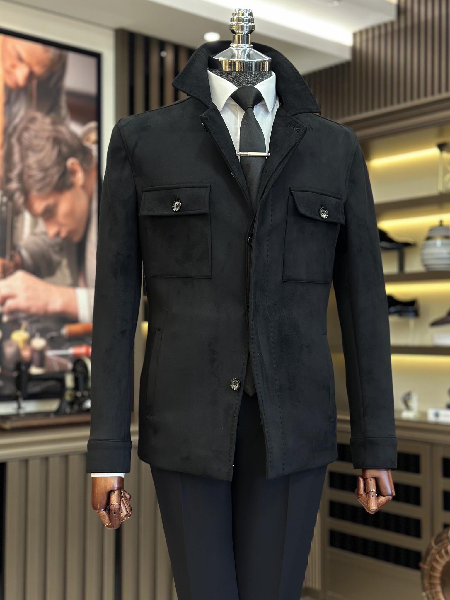 İtalyan stil slim fit  polo yaka süet erkek mont siyah  T10816