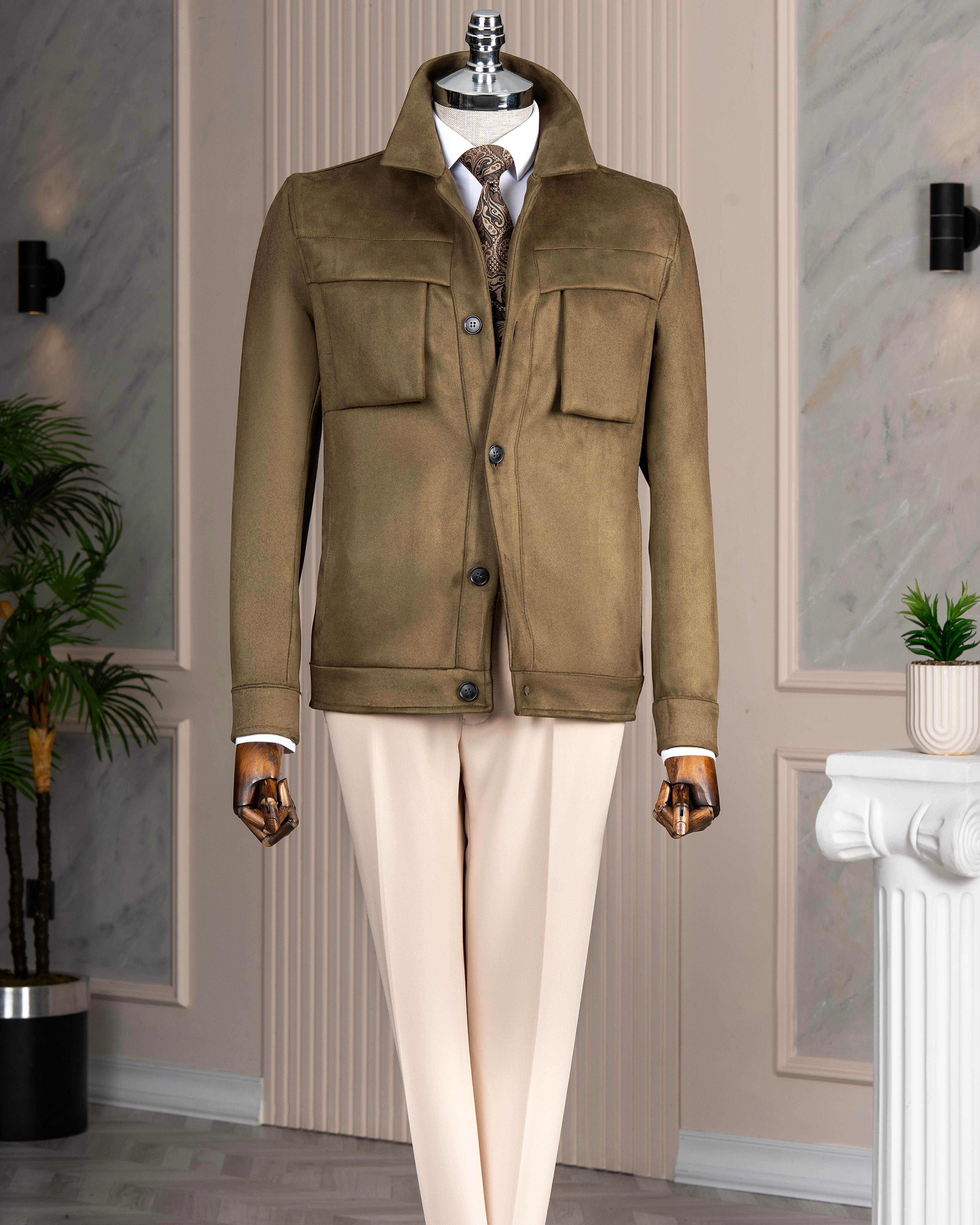 İtalyan stil slim fit  polo yaka süet erkek mont yeşil T10266