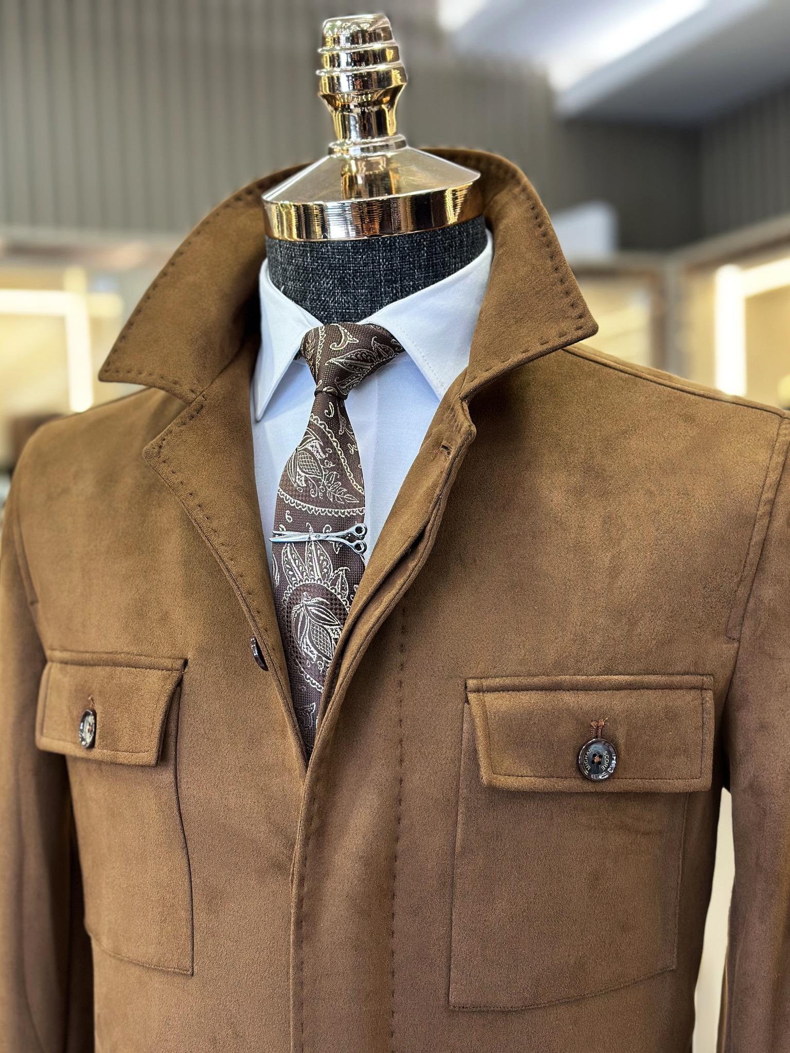 İtalyan stil slim fit  polo yaka süet erkek mont taba T10814