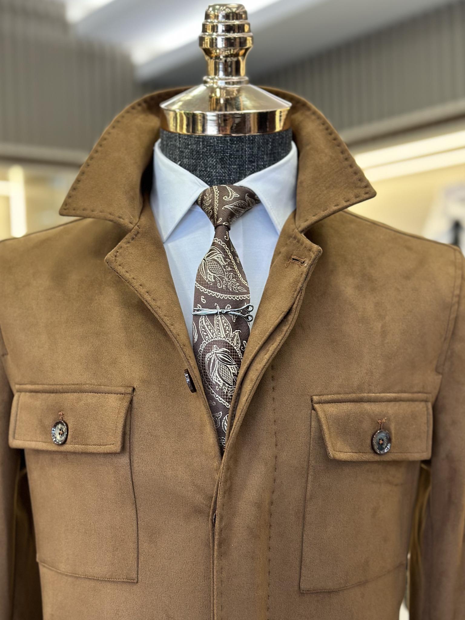 İtalyan stil slim fit  polo yaka süet erkek mont taba T10814