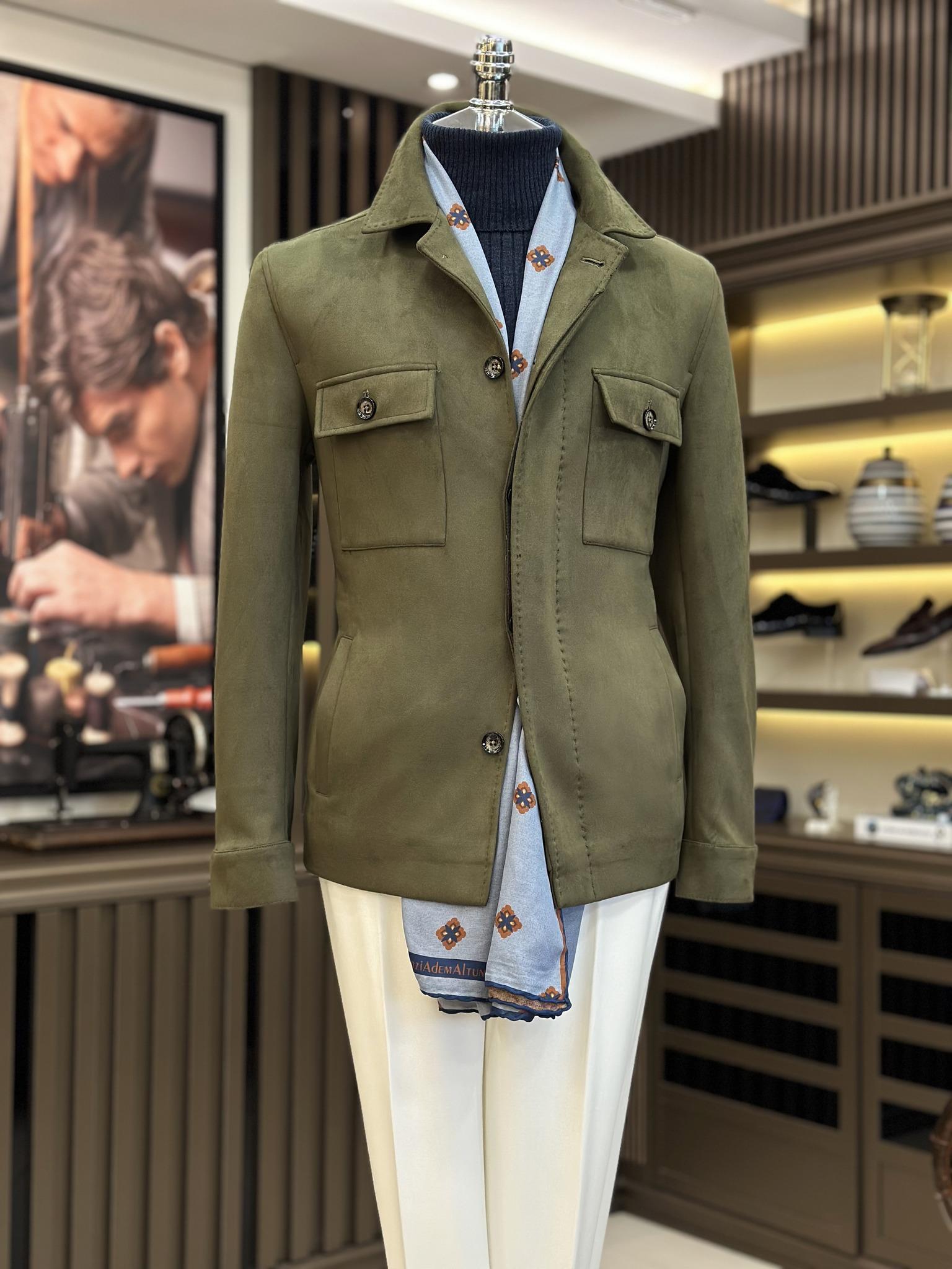 İtalyan stil slim fit  polo yaka süet erkek mont yeşil T10818