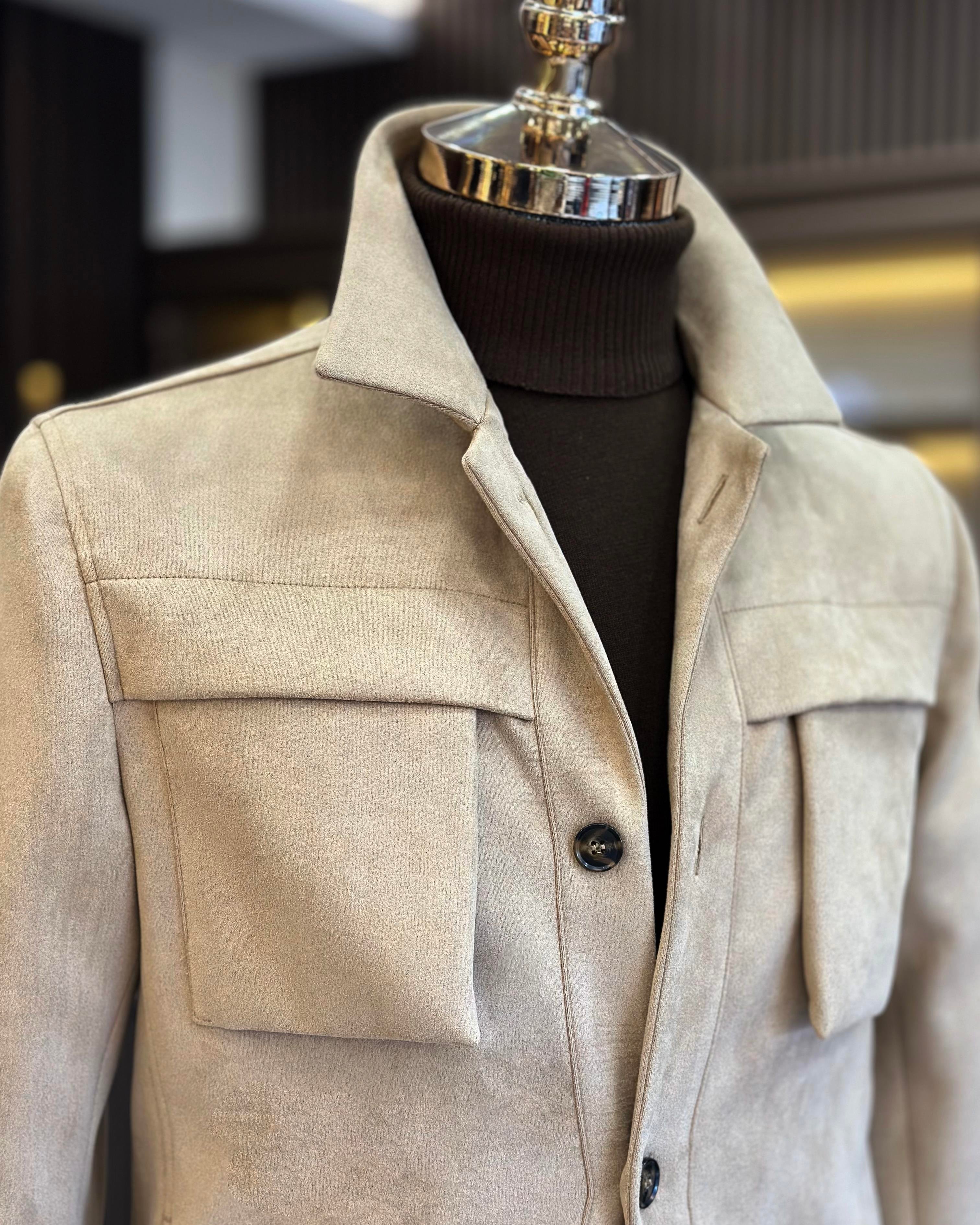 Italian style slim fit polo collar suede men's coat beige T10265