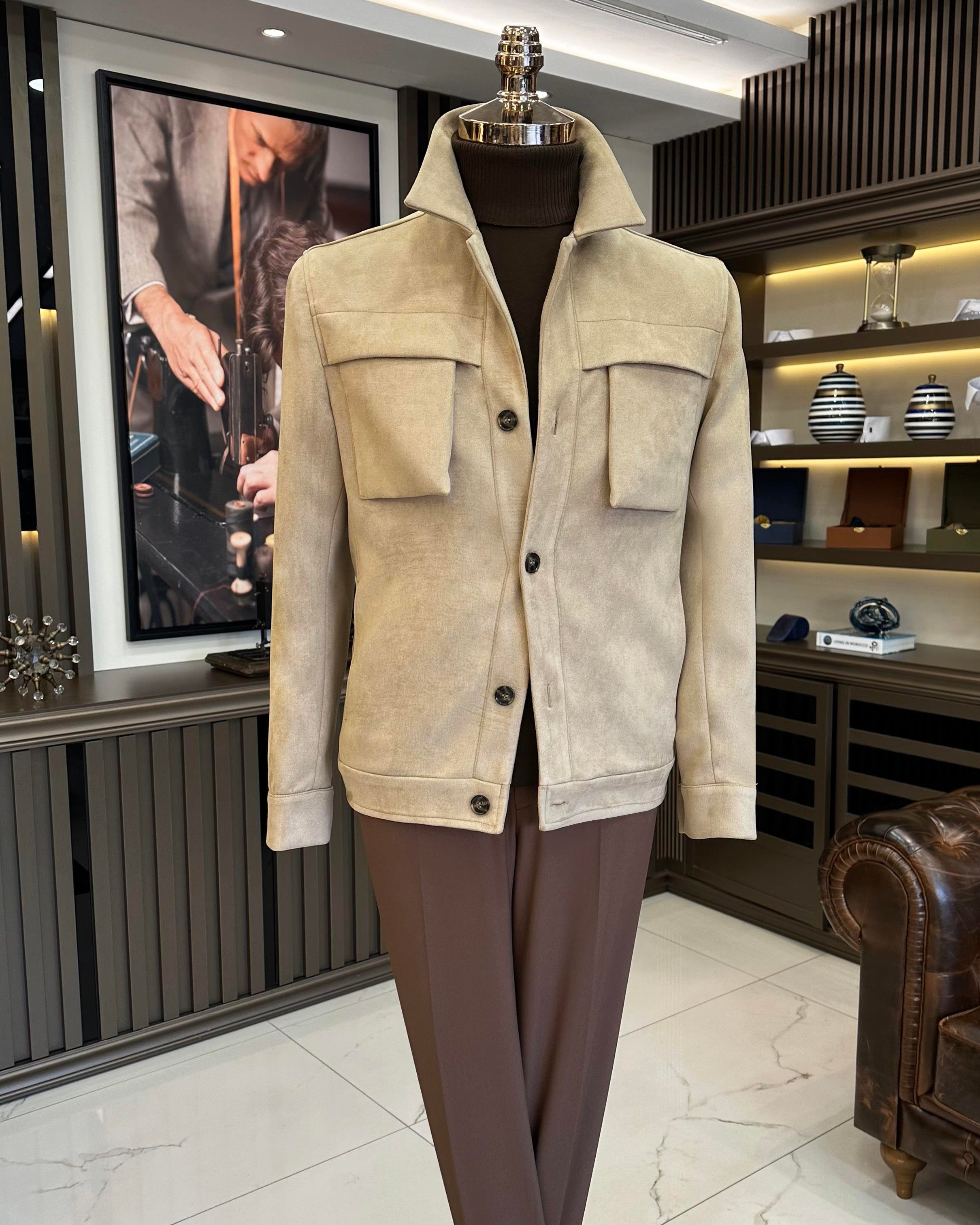Italian style slim fit polo collar suede men's coat beige T10265
