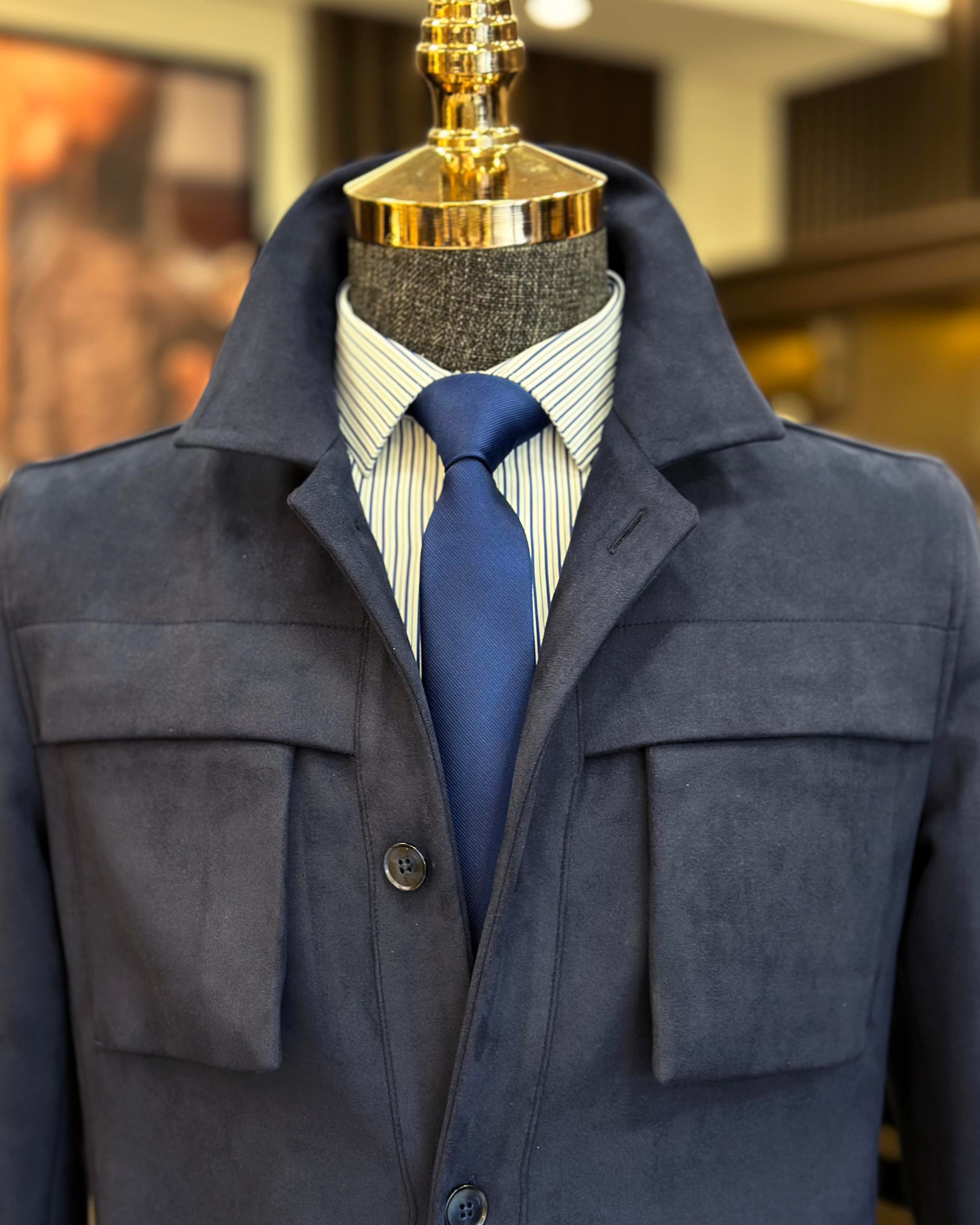 Italian style slim fit polo collar suede men's coat navy blue T10263