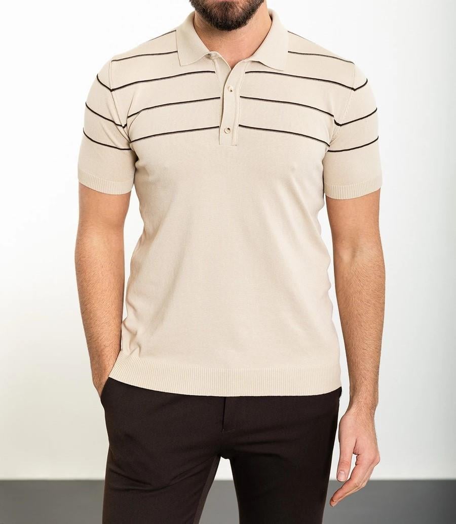 İtalyan stil slim fit polo yaka triko tişört bej T11823