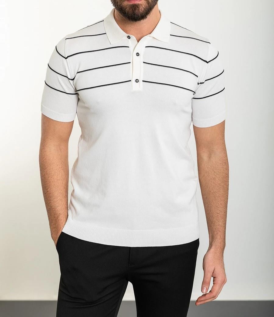 İtalyan stil slim fit polo yaka triko tişört ekru T11827