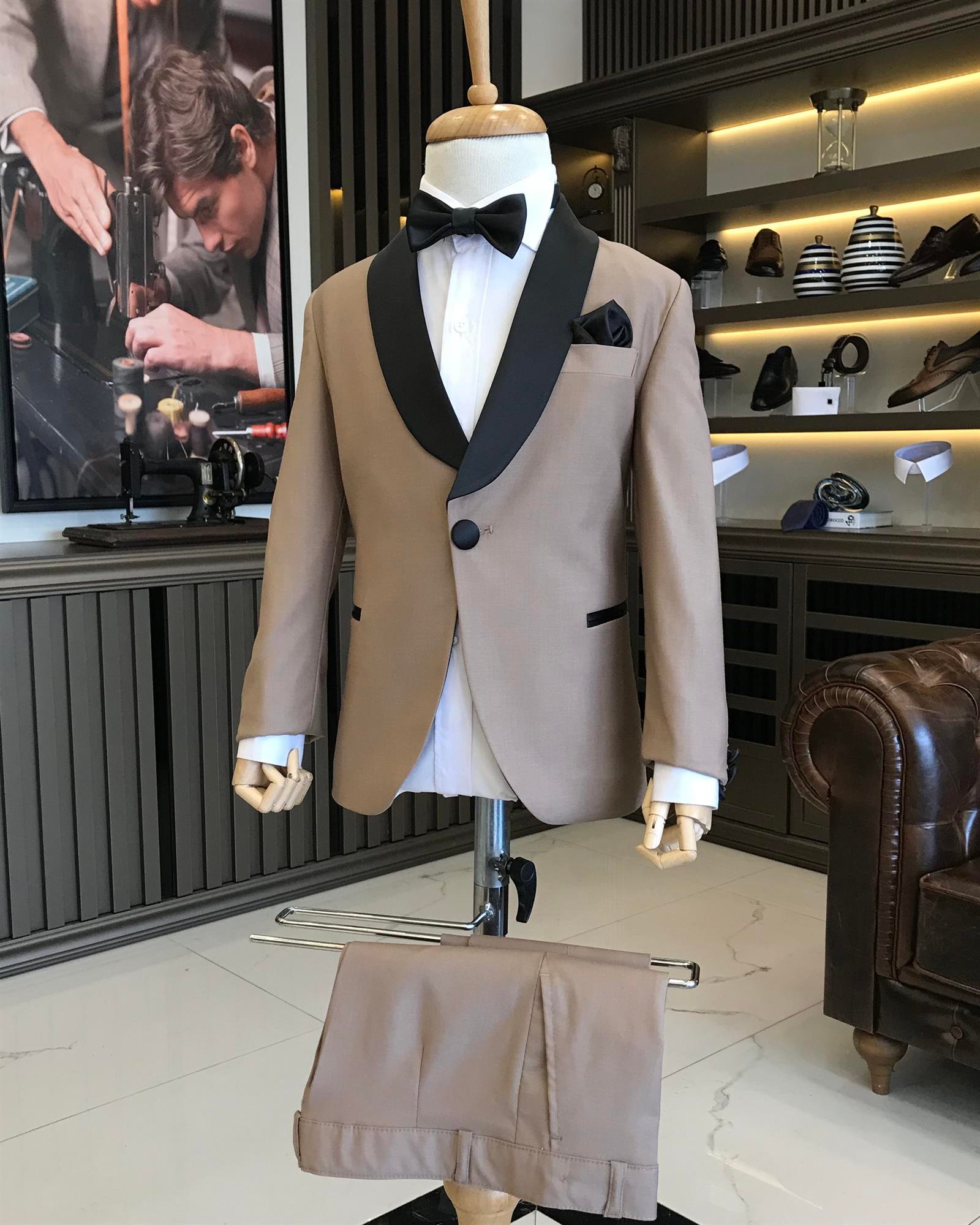 İtalyan stil slim fit şal yaka ceket pantolon çocuk smokin set vizon T8825