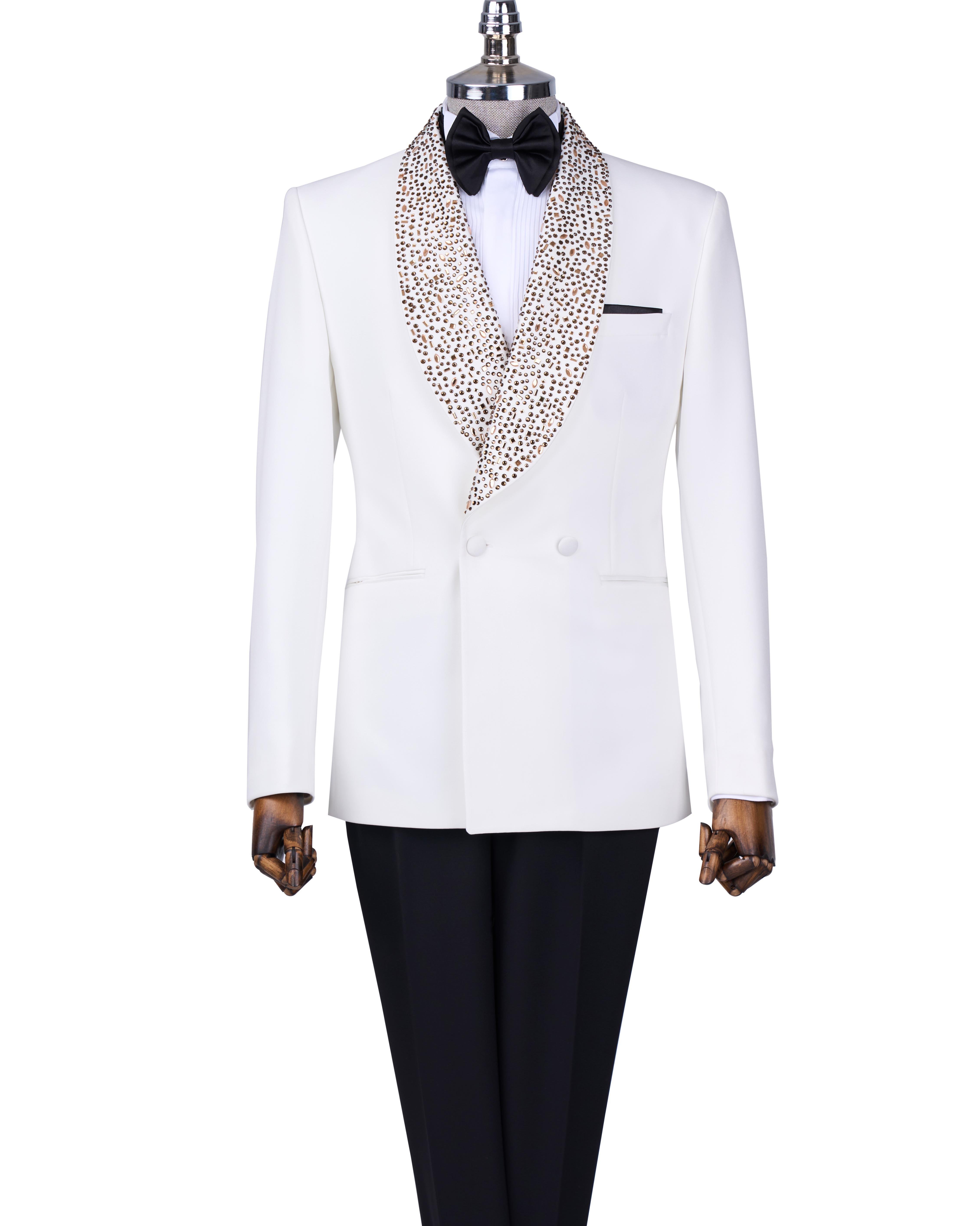 İtalyan stil slim fit şal yaka ceket pantolon damatlık set beyaz T13702