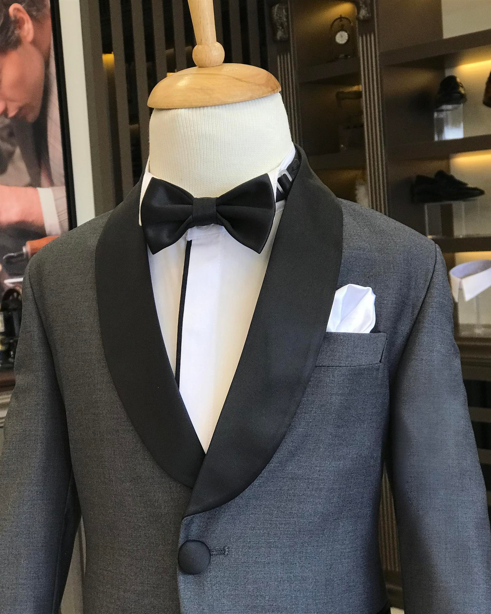 İtalyan stil slim fit şal yaka ceket pantolon çocuk smokin set antrasit T8818