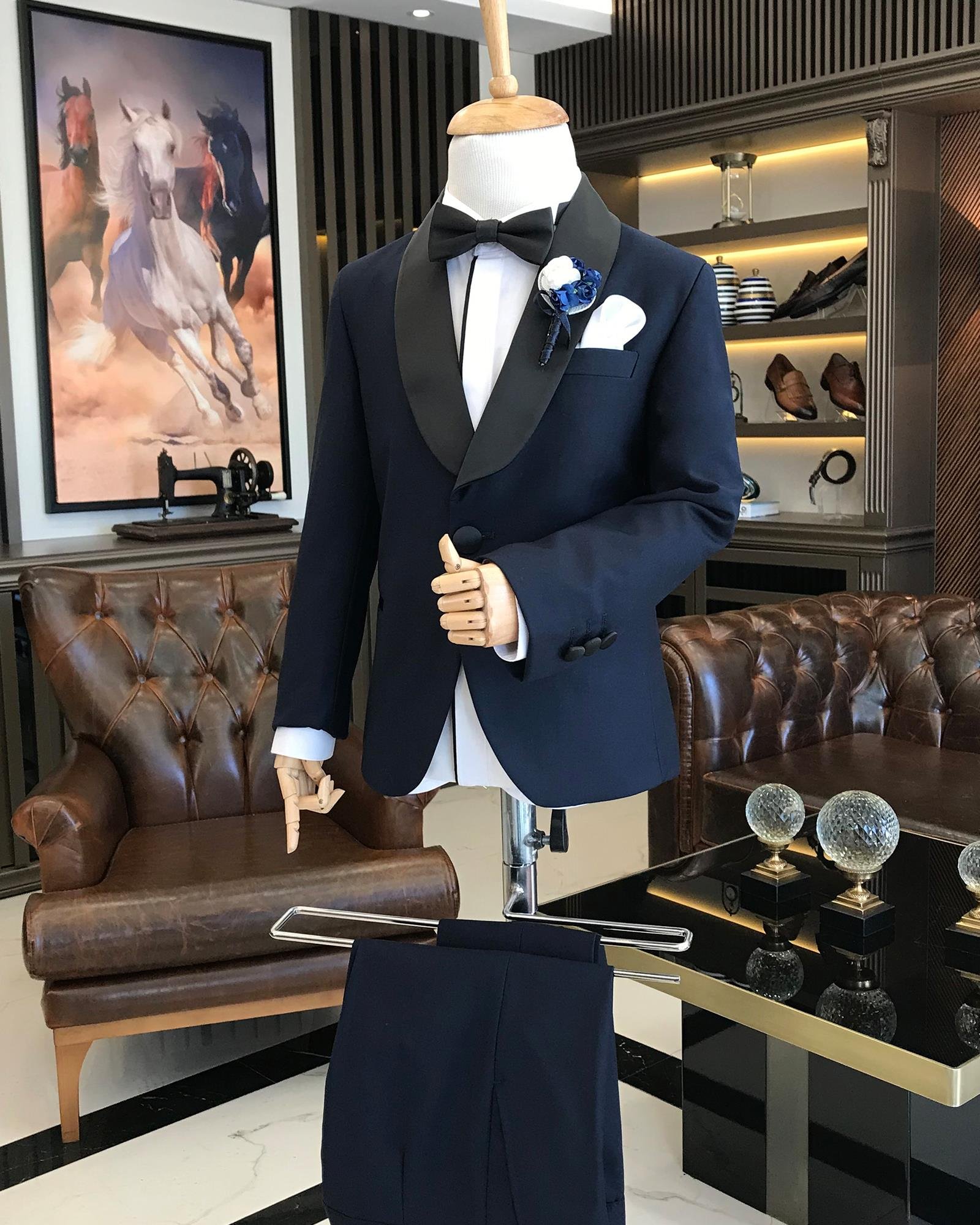 İtalyan stil slim fit şal yaka ceket pantolon çocuk smokin set Lacivert T8817