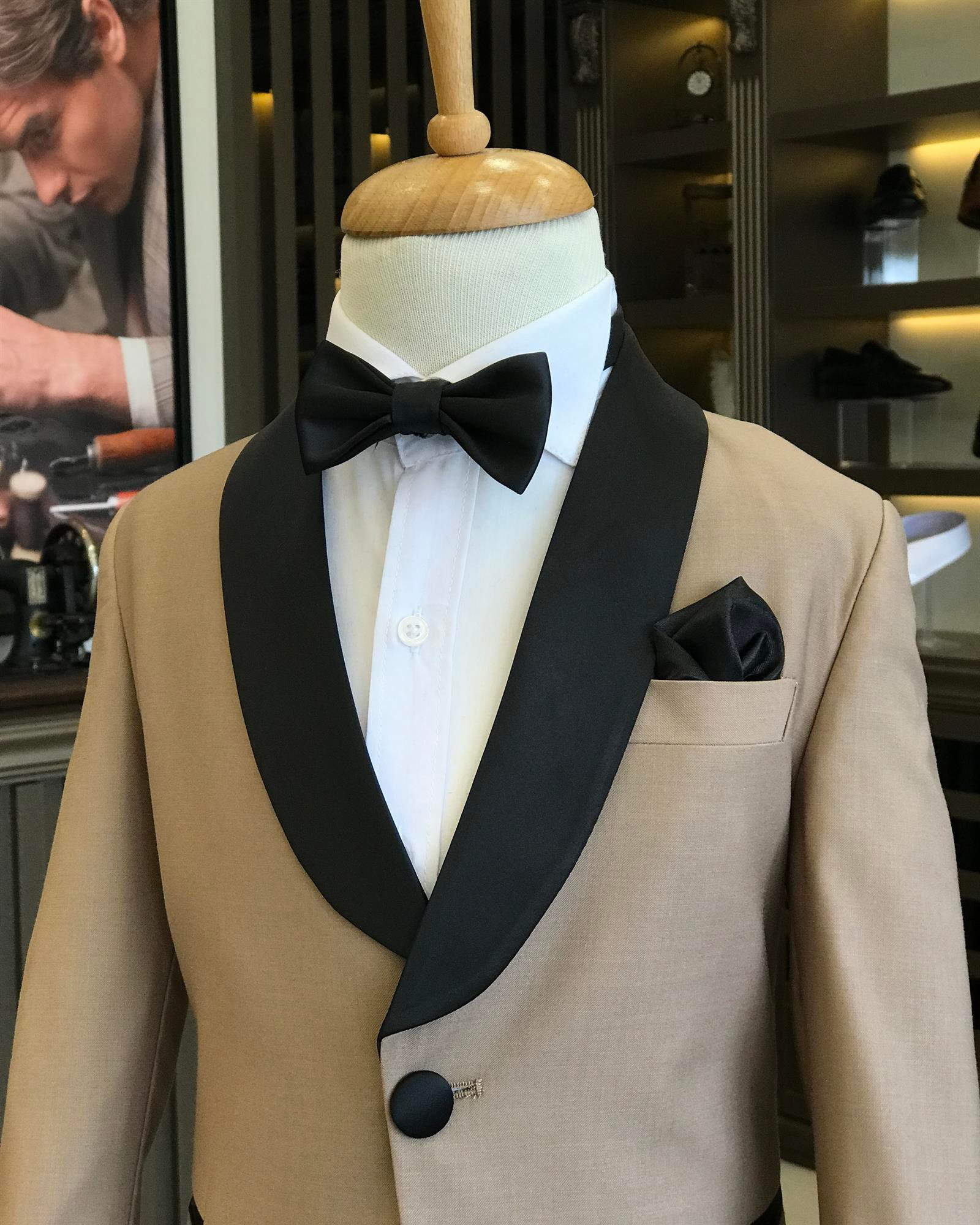 İtalyan stil slim fit şal yaka ceket pantolon çocuk smokin set vizon T8825