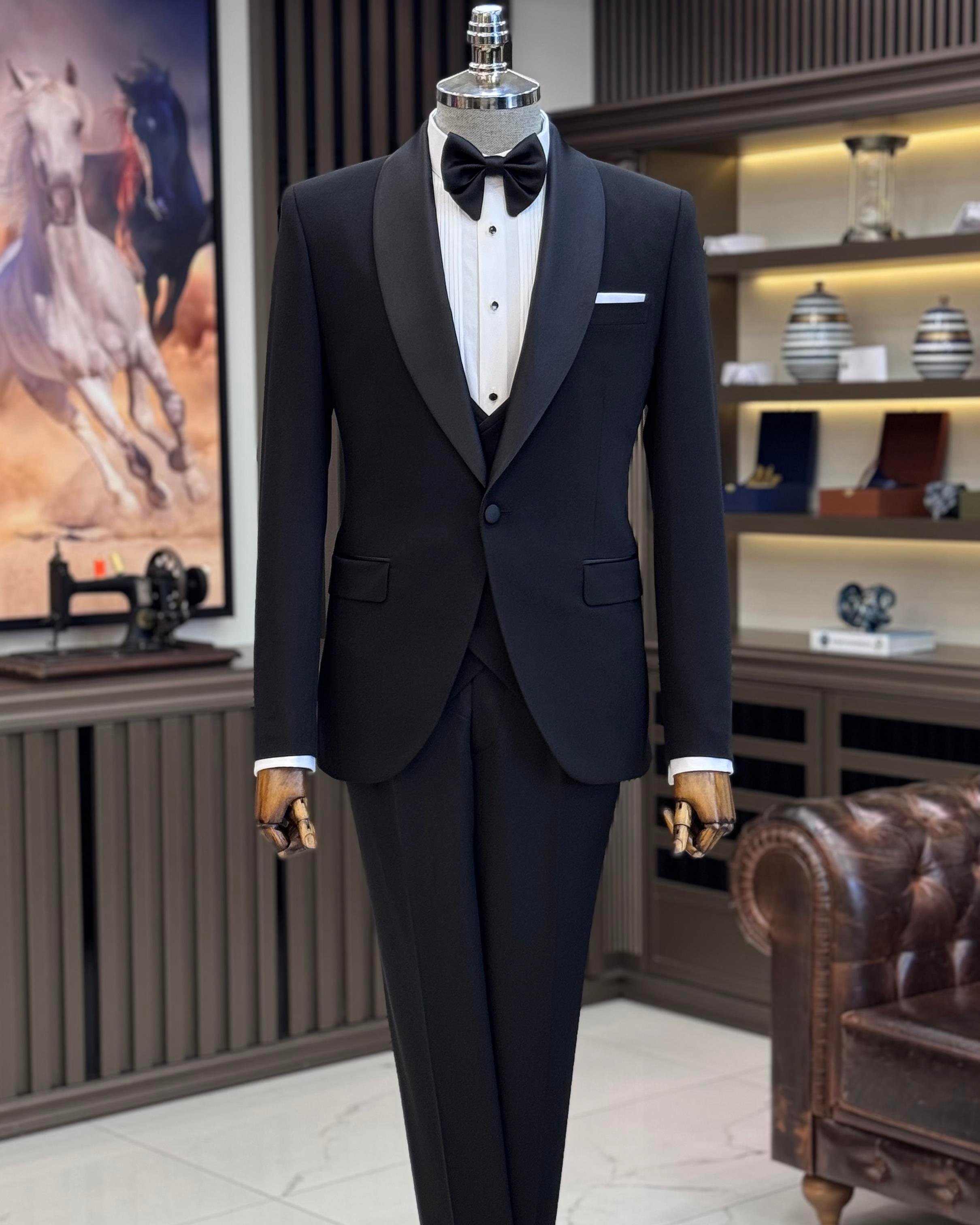 İtalyan stil slim fit şal yaka ceket yelek pantolon damatlık set siyah T11613