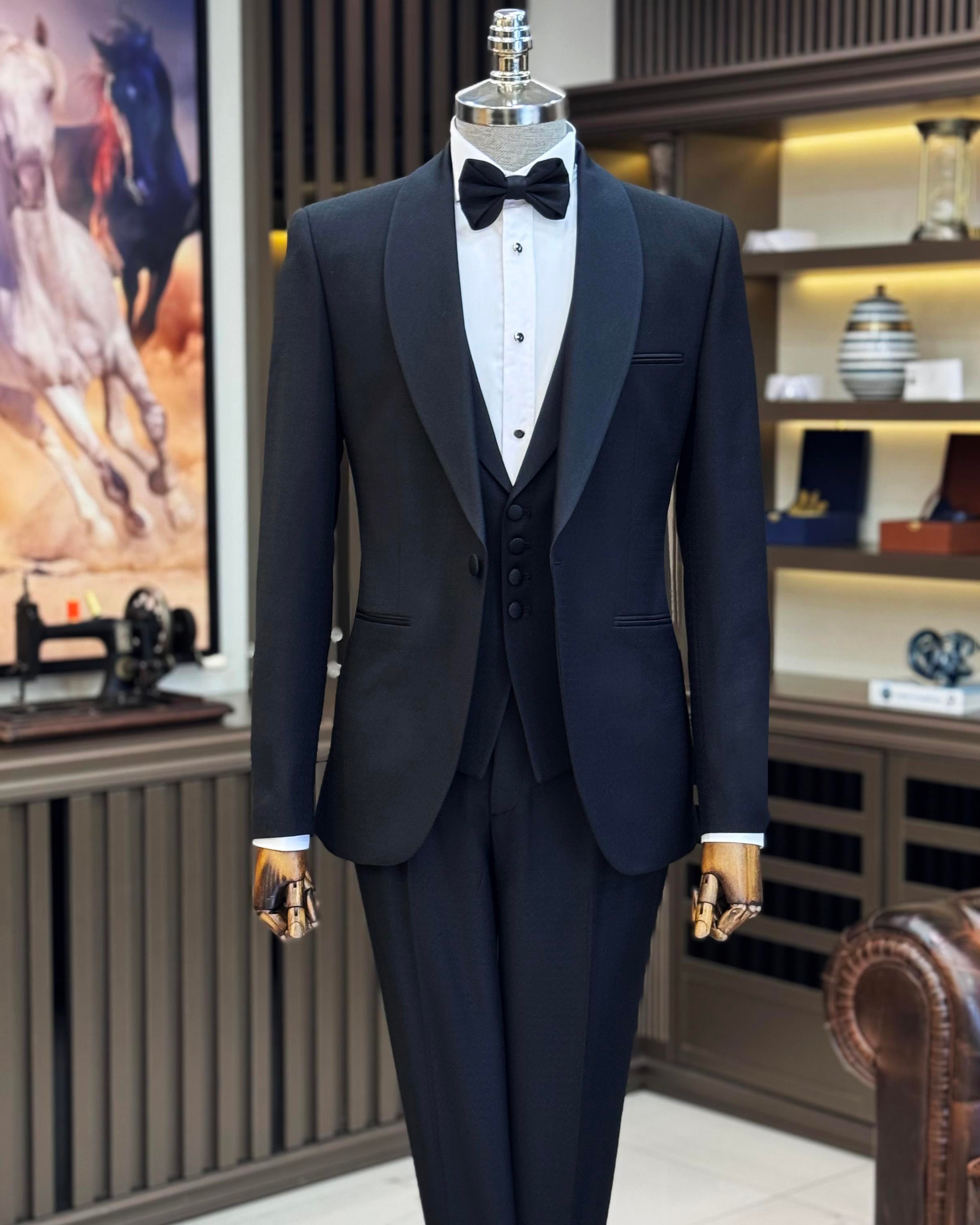 İtalyan stil slim fit şal yaka ceket yelek pantolon damatlık set siyah T11622