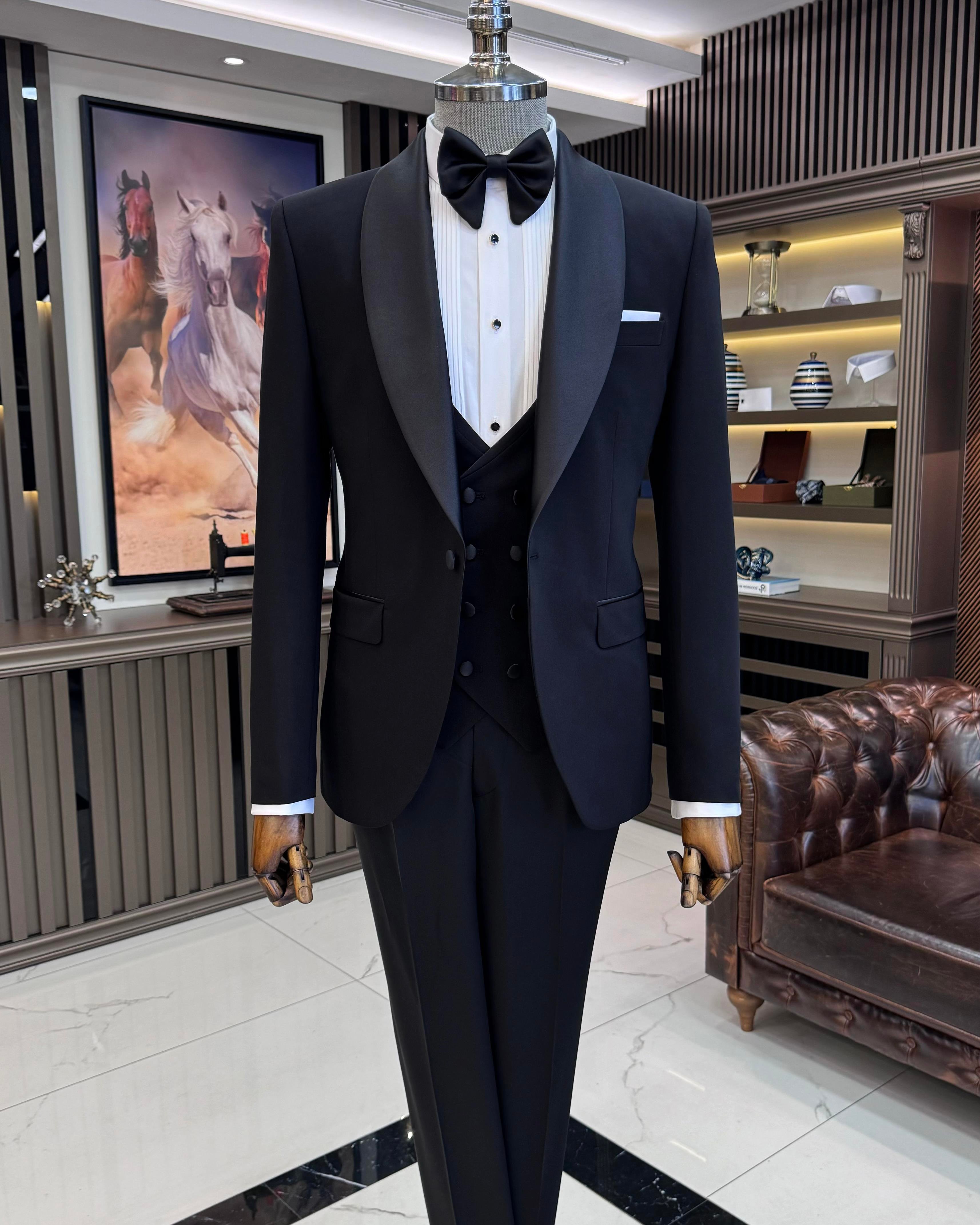 İtalyan stil slim fit şal yaka ceket yelek pantolon damatlık set siyah T11613