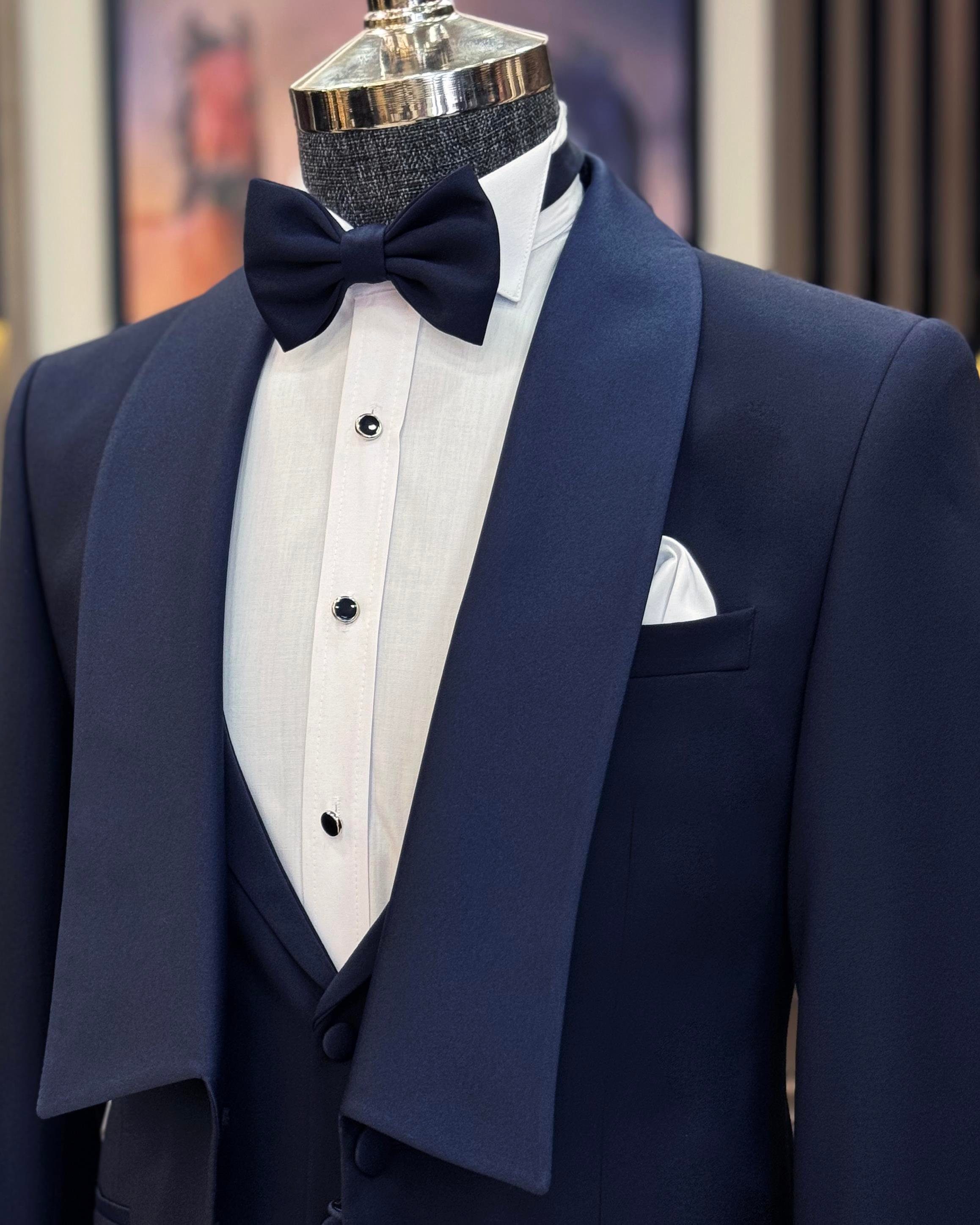 İtalyan stil slim fit şal yaka ceket yelek pantolon damatlık set lacivert T11618