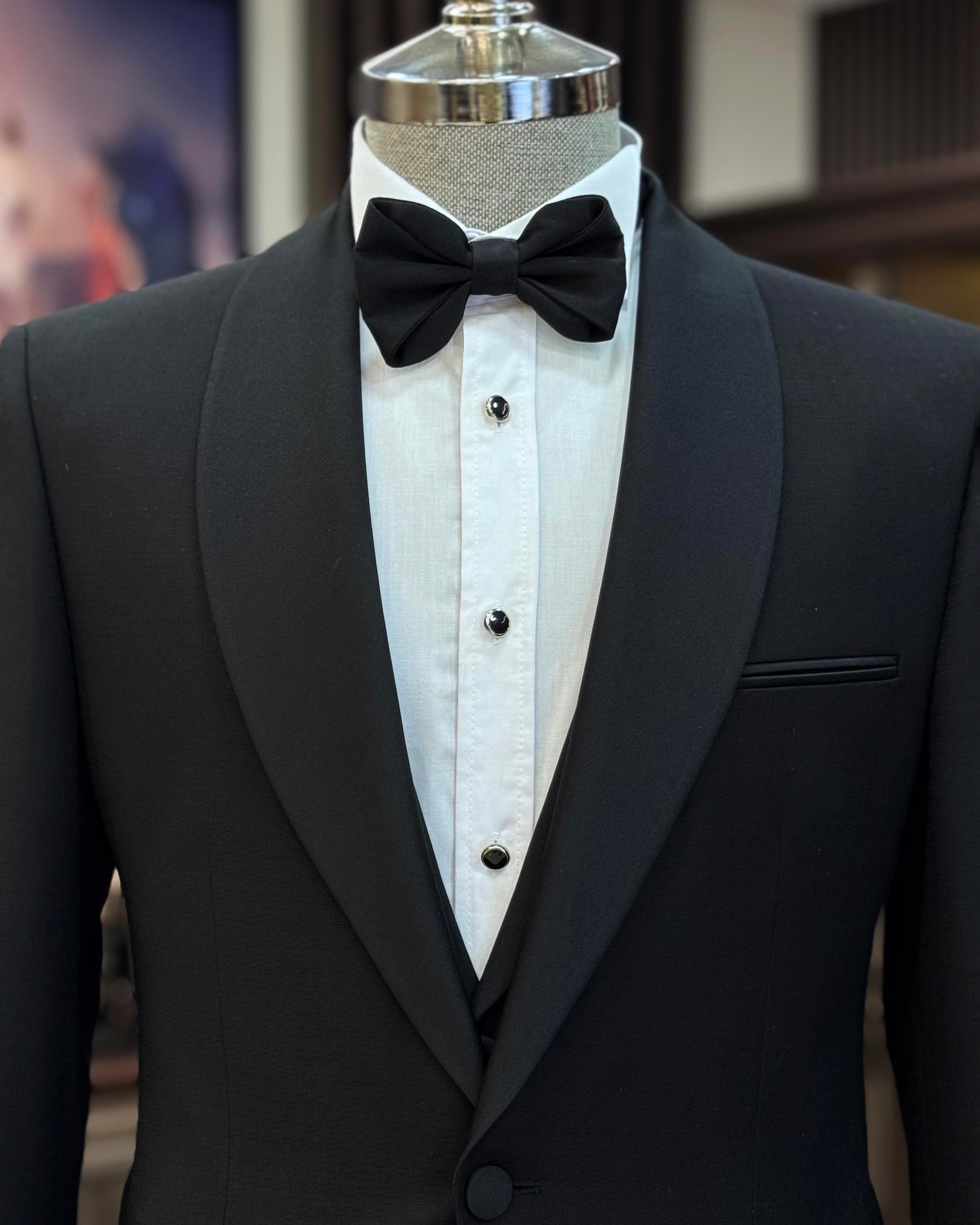 İtalyan stil slim fit şal yaka ceket yelek pantolon damatlık set siyah T11622