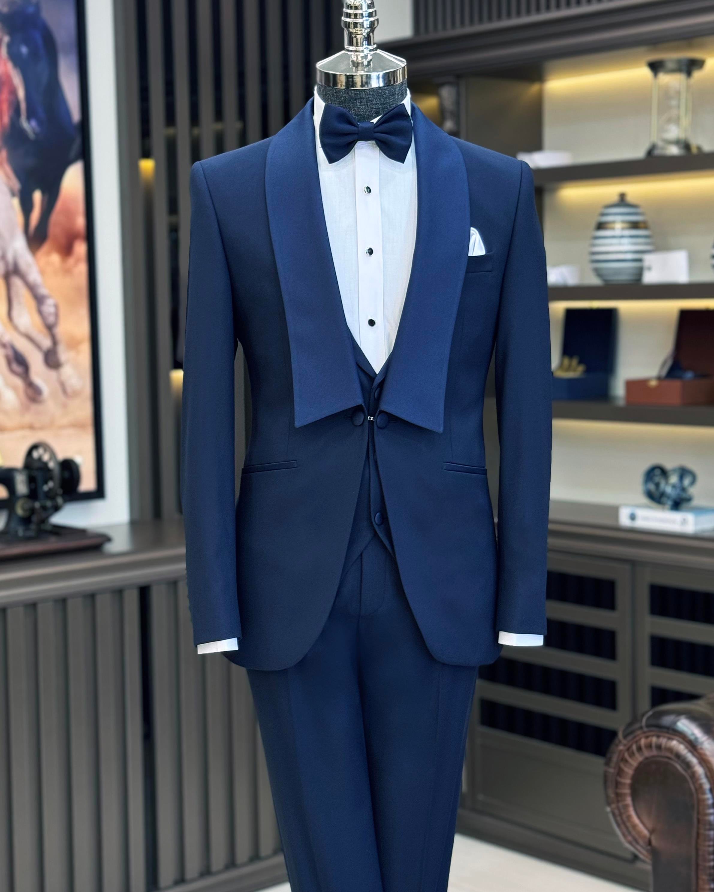 İtalyan stil slim fit şal yaka ceket yelek pantolon damatlık set lacivert T11618