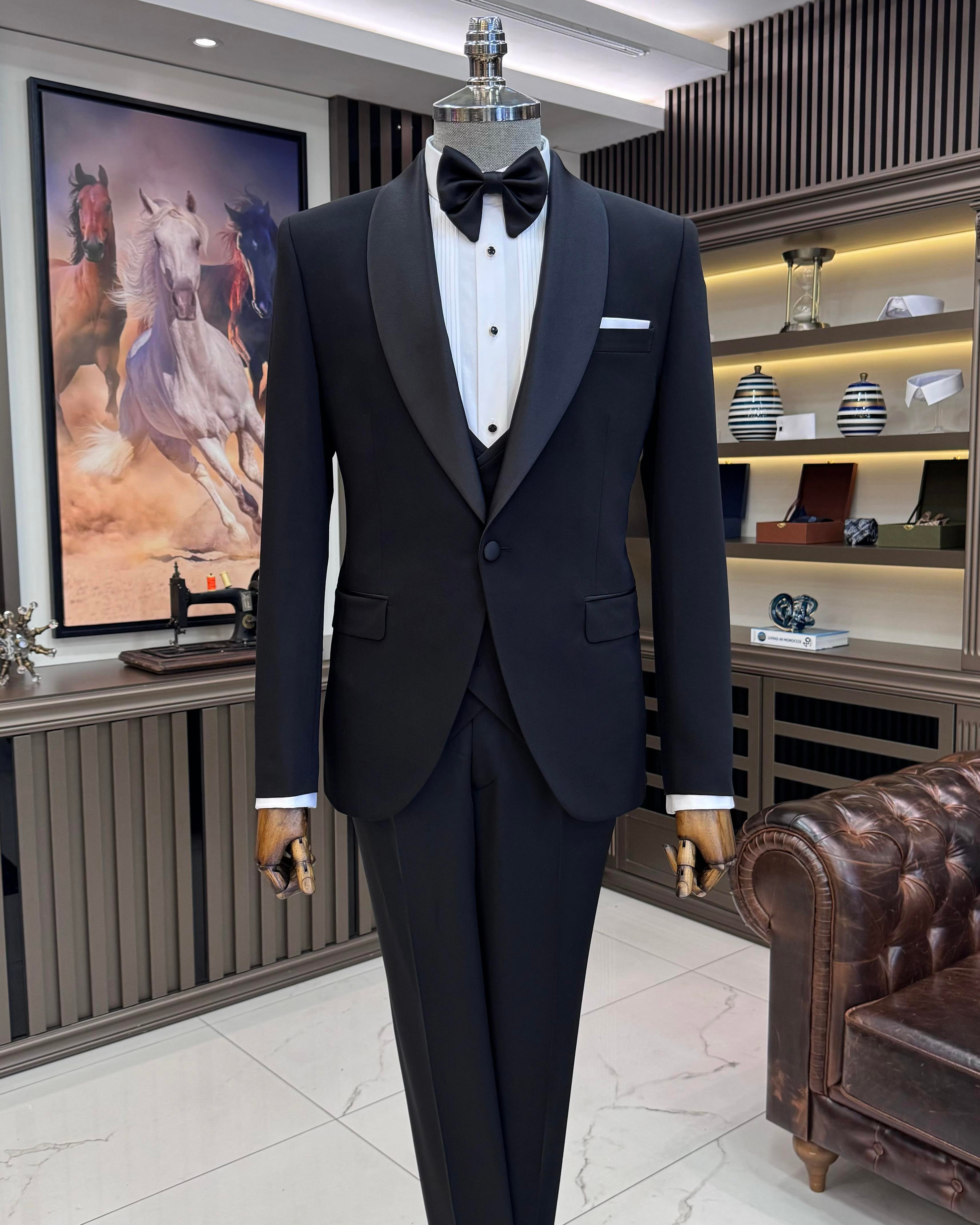 İtalyan stil slim fit şal yaka ceket yelek pantolon damatlık set siyah T11613