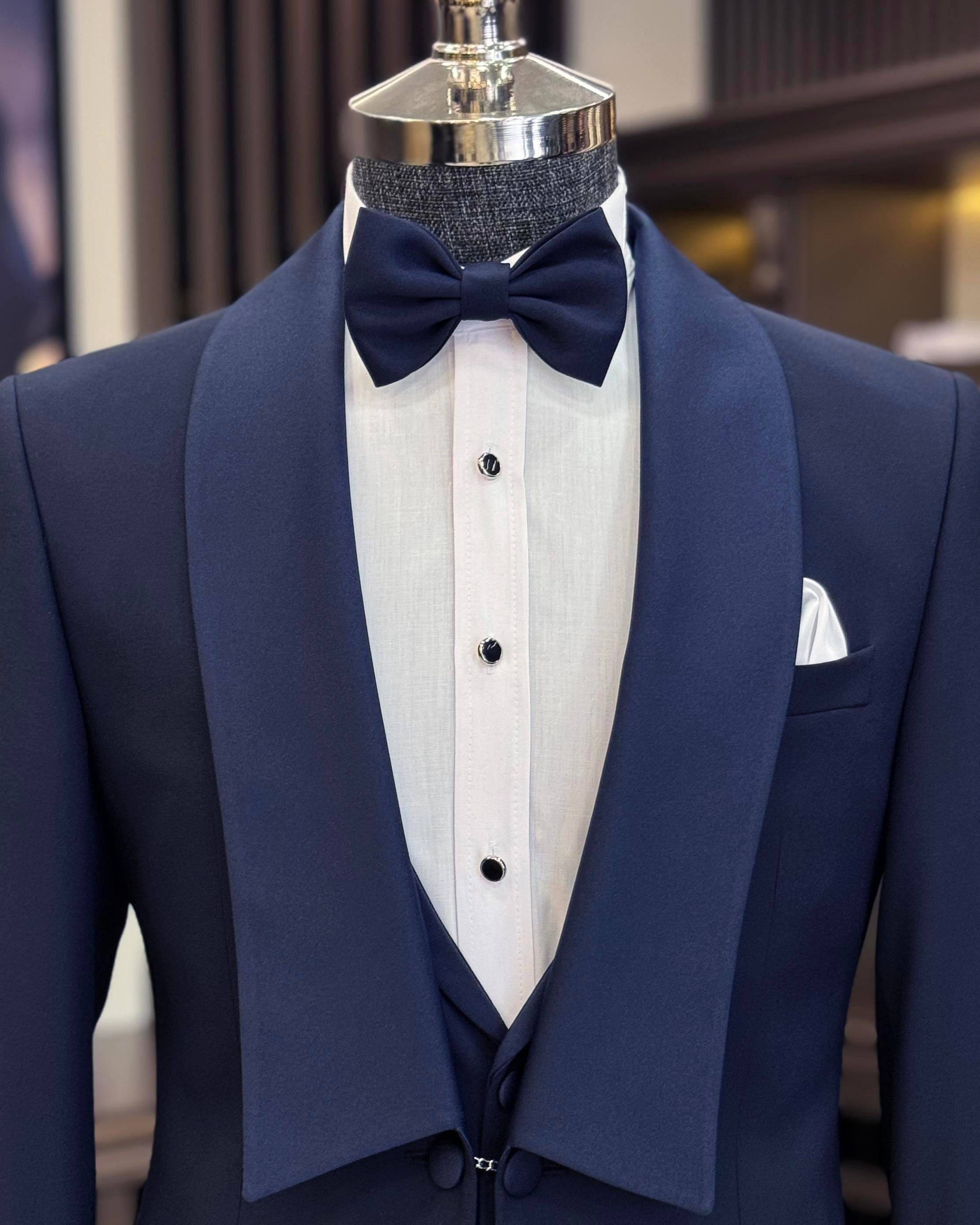 İtalyan stil slim fit şal yaka ceket yelek pantolon damatlık set lacivert T11618