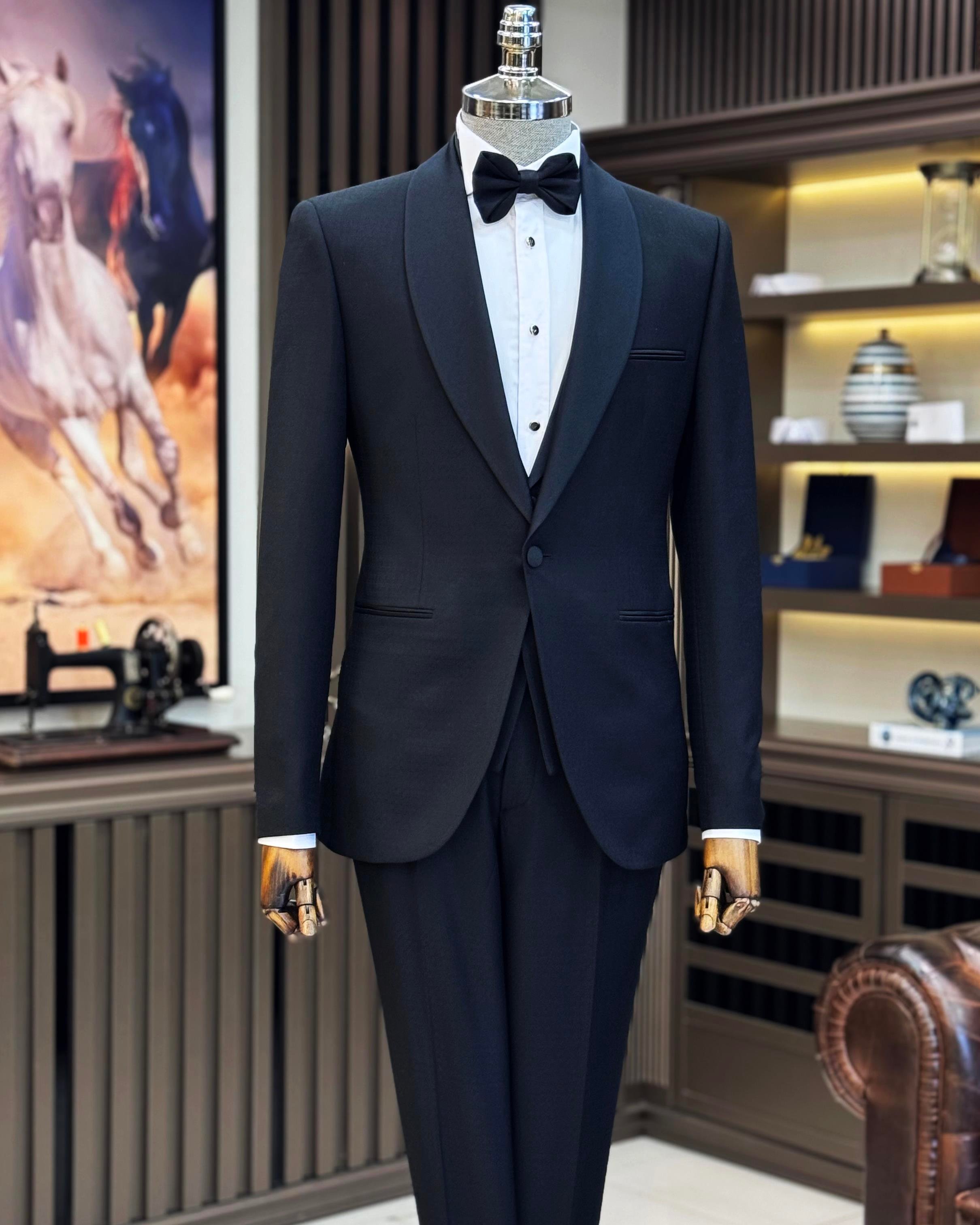 İtalyan stil slim fit şal yaka ceket yelek pantolon damatlık set siyah T11622