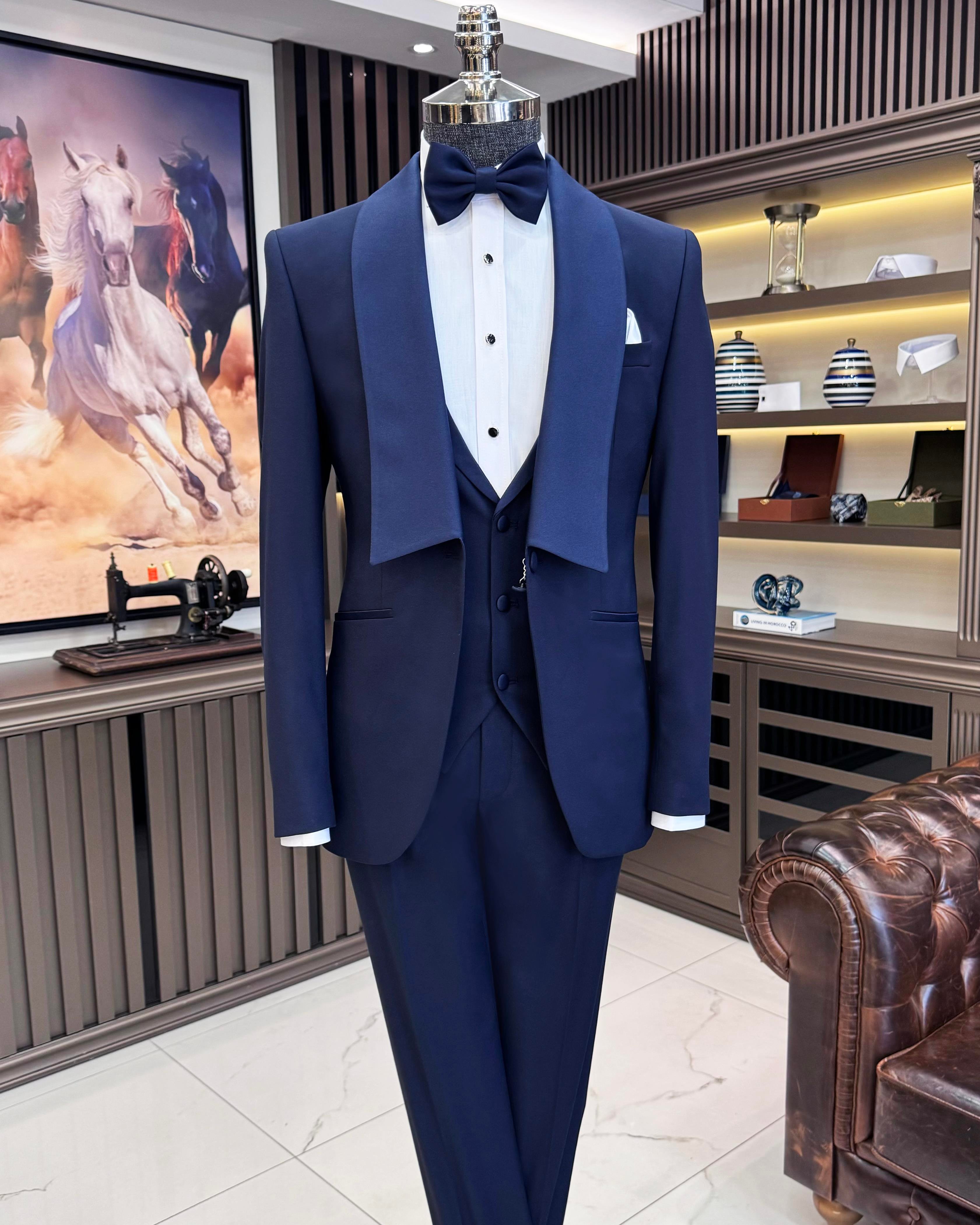 İtalyan stil slim fit şal yaka ceket yelek pantolon damatlık set lacivert T11618
