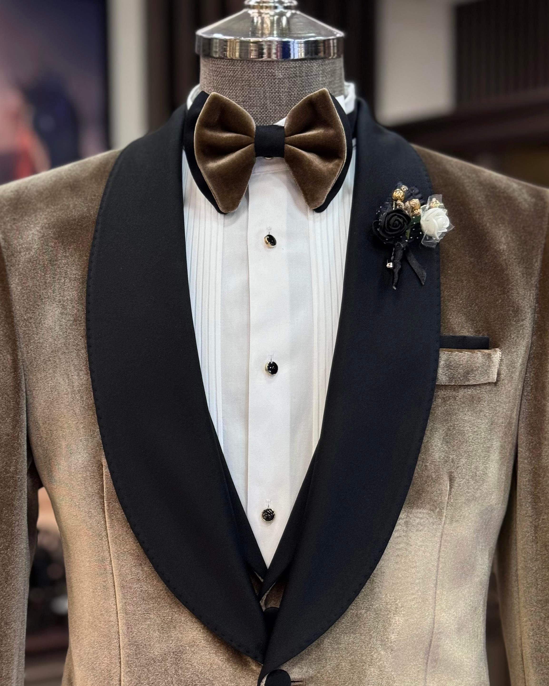 İtalyan stil slim fit şal yaka kadife ceket yelek pantolon damatlık set kahverengi T11620