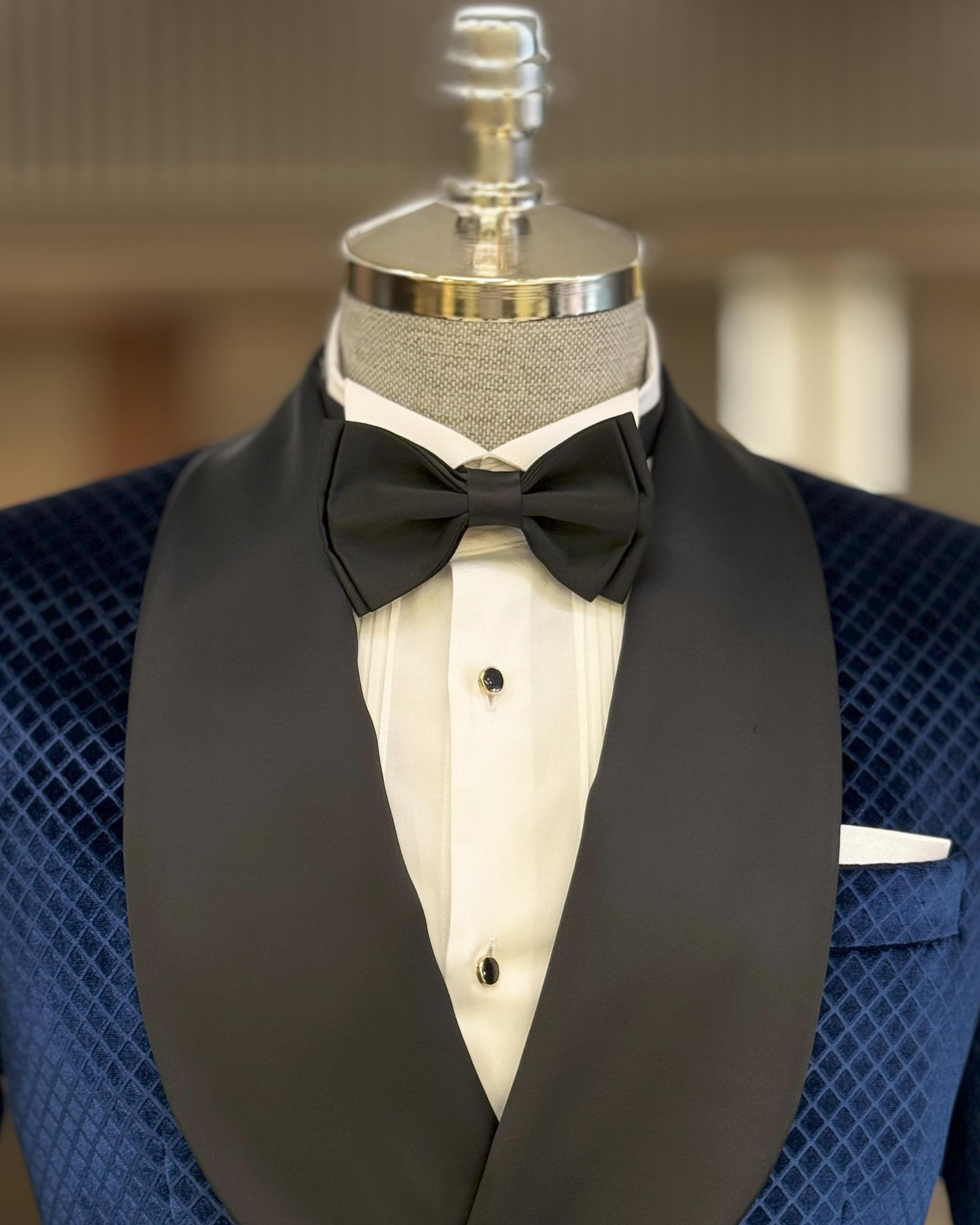 İtalyan stil slim fit şal yaka kadife kruvaze ceket pantolon damatlık set lacivert T11787