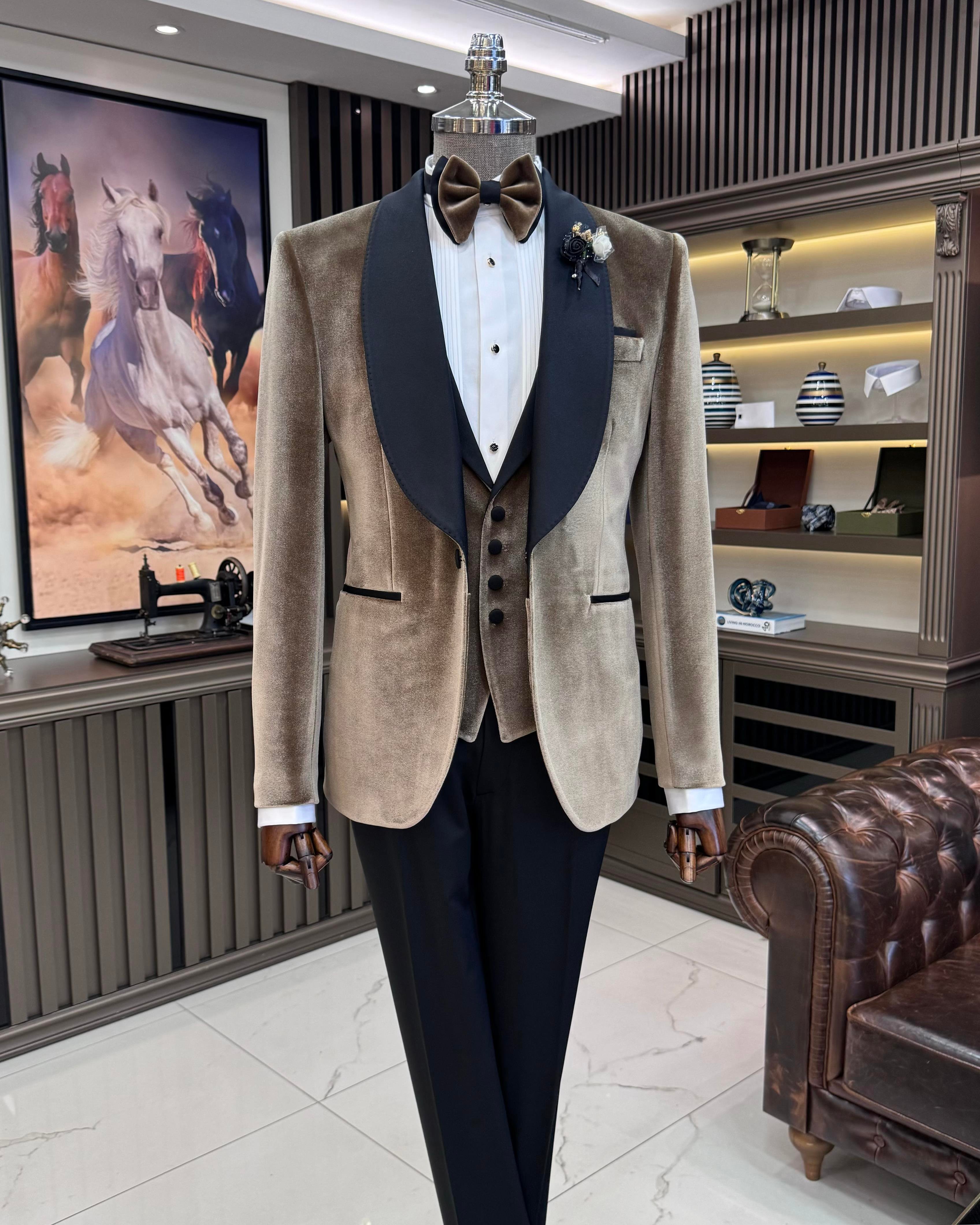 İtalyan stil slim fit şal yaka kadife ceket yelek pantolon damatlık set kahverengi T11620
