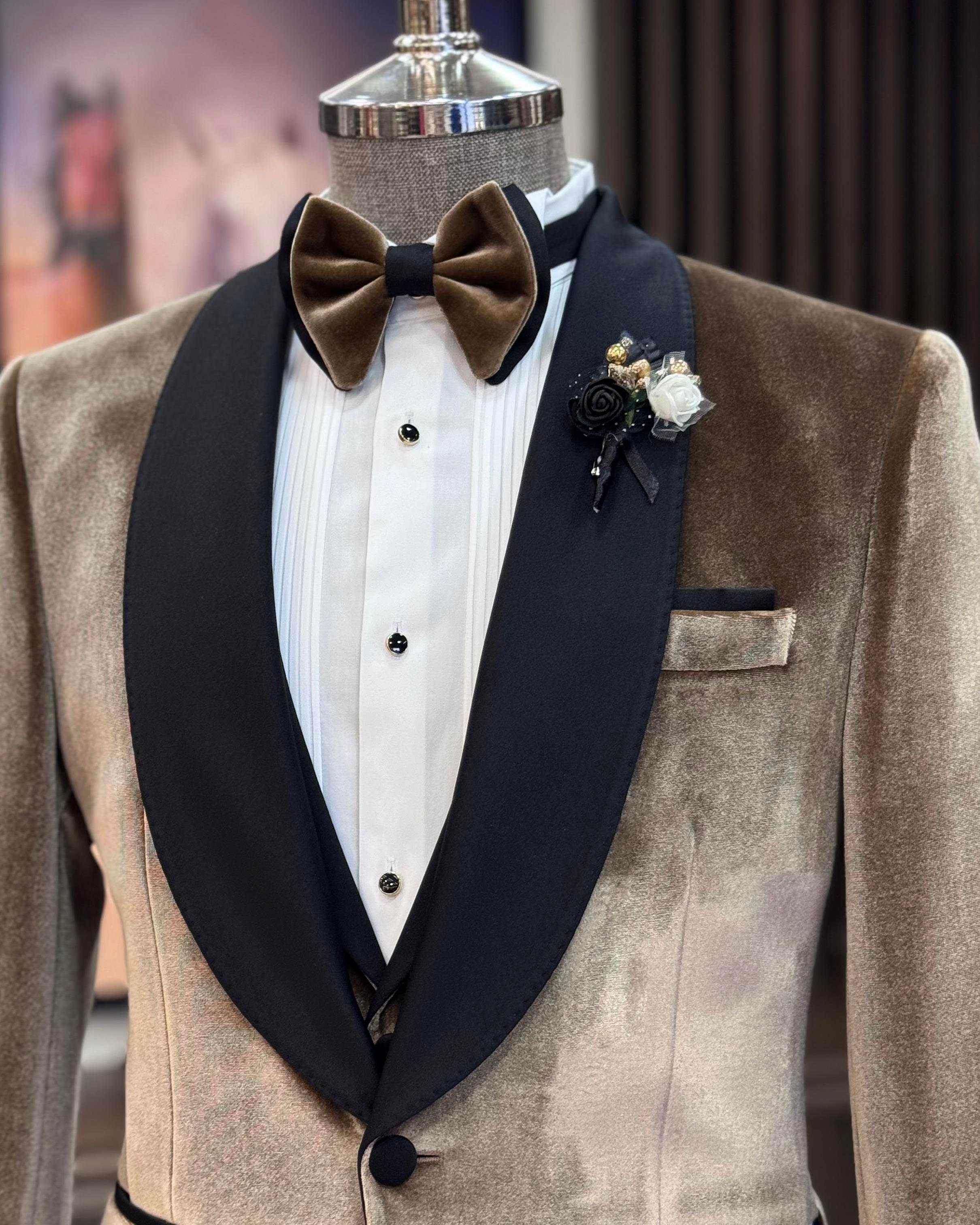 İtalyan stil slim fit şal yaka kadife ceket yelek pantolon damatlık set kahverengi T11620