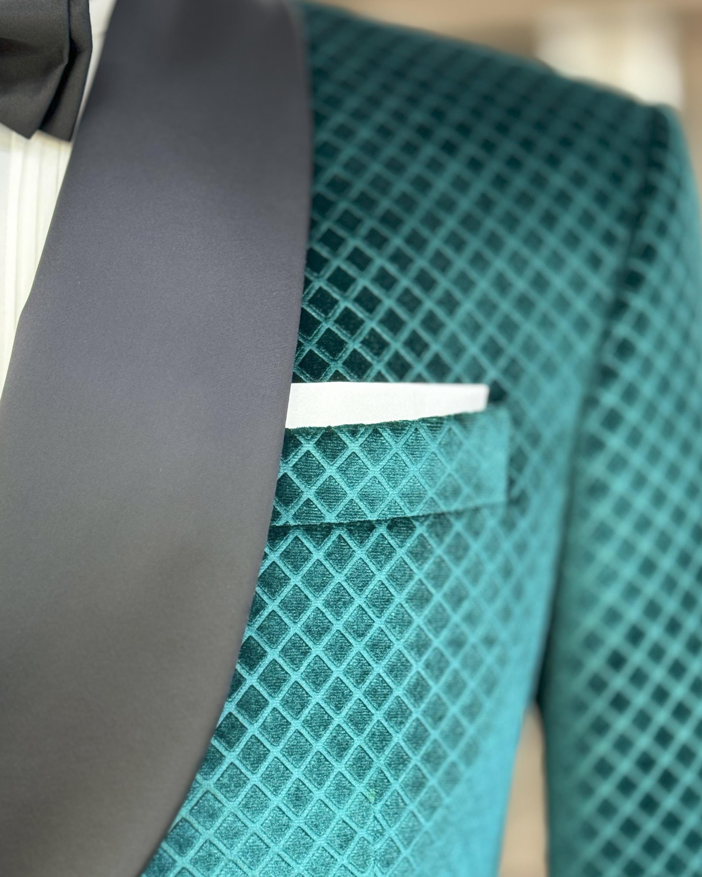 İtalyan stil slim fit şal yaka kadife kruvaze ceket pantolon damatlık set yeşil T11789