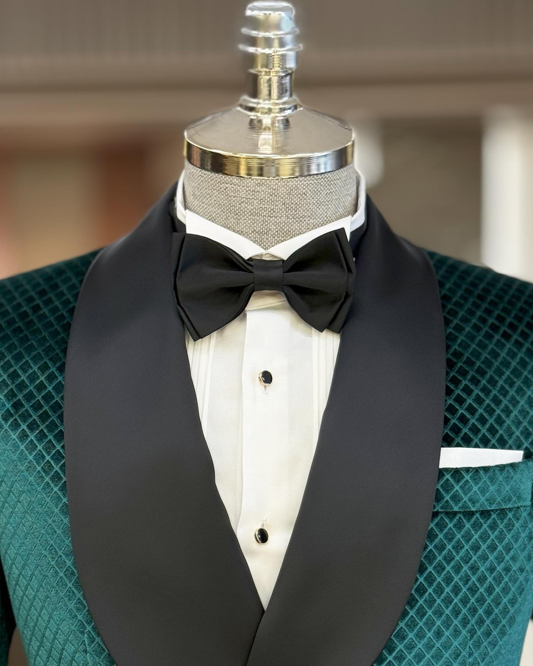 İtalyan stil slim fit şal yaka kadife kruvaze ceket pantolon damatlık set yeşil T11789