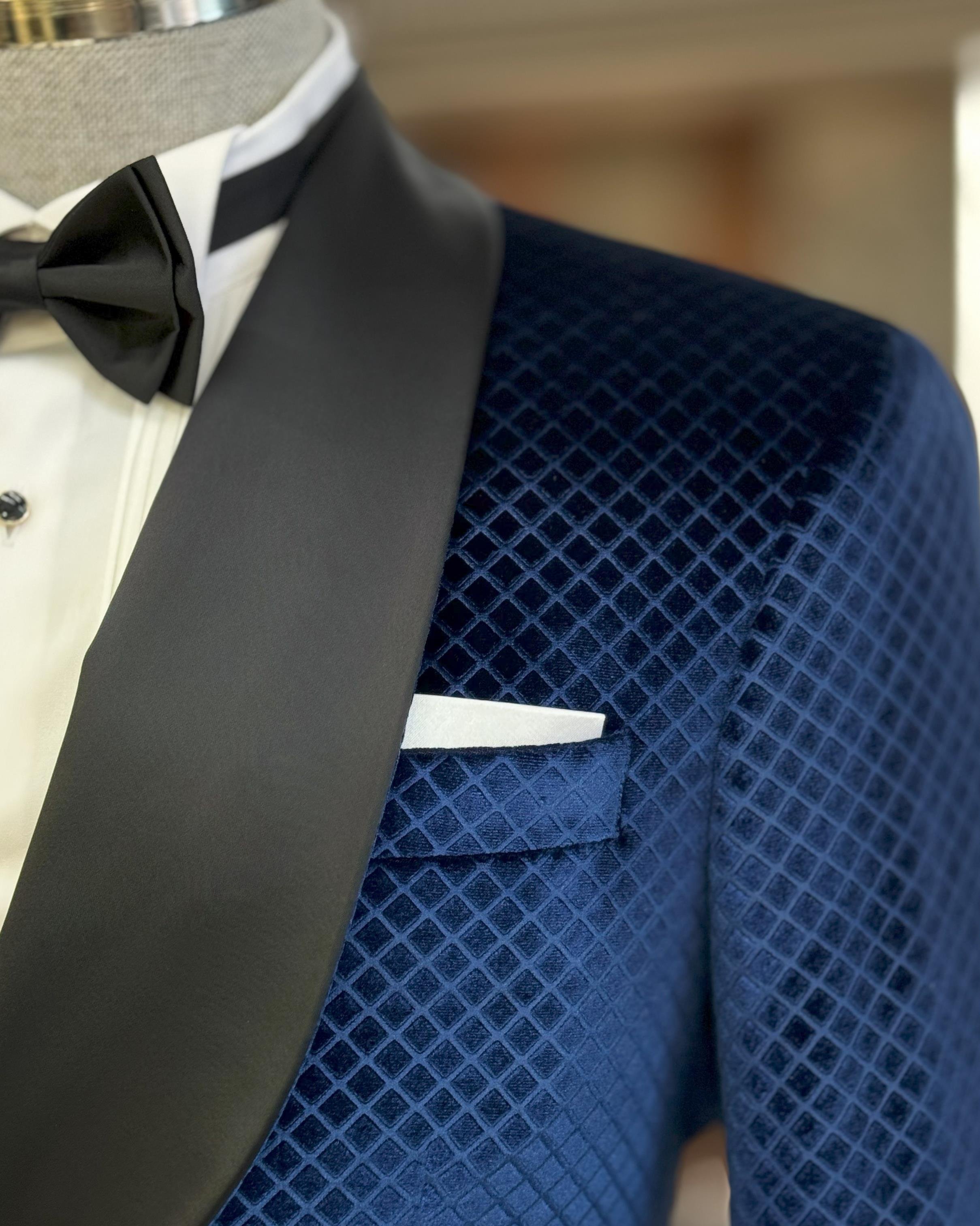 İtalyan stil slim fit şal yaka kadife kruvaze ceket pantolon damatlık set lacivert T11787