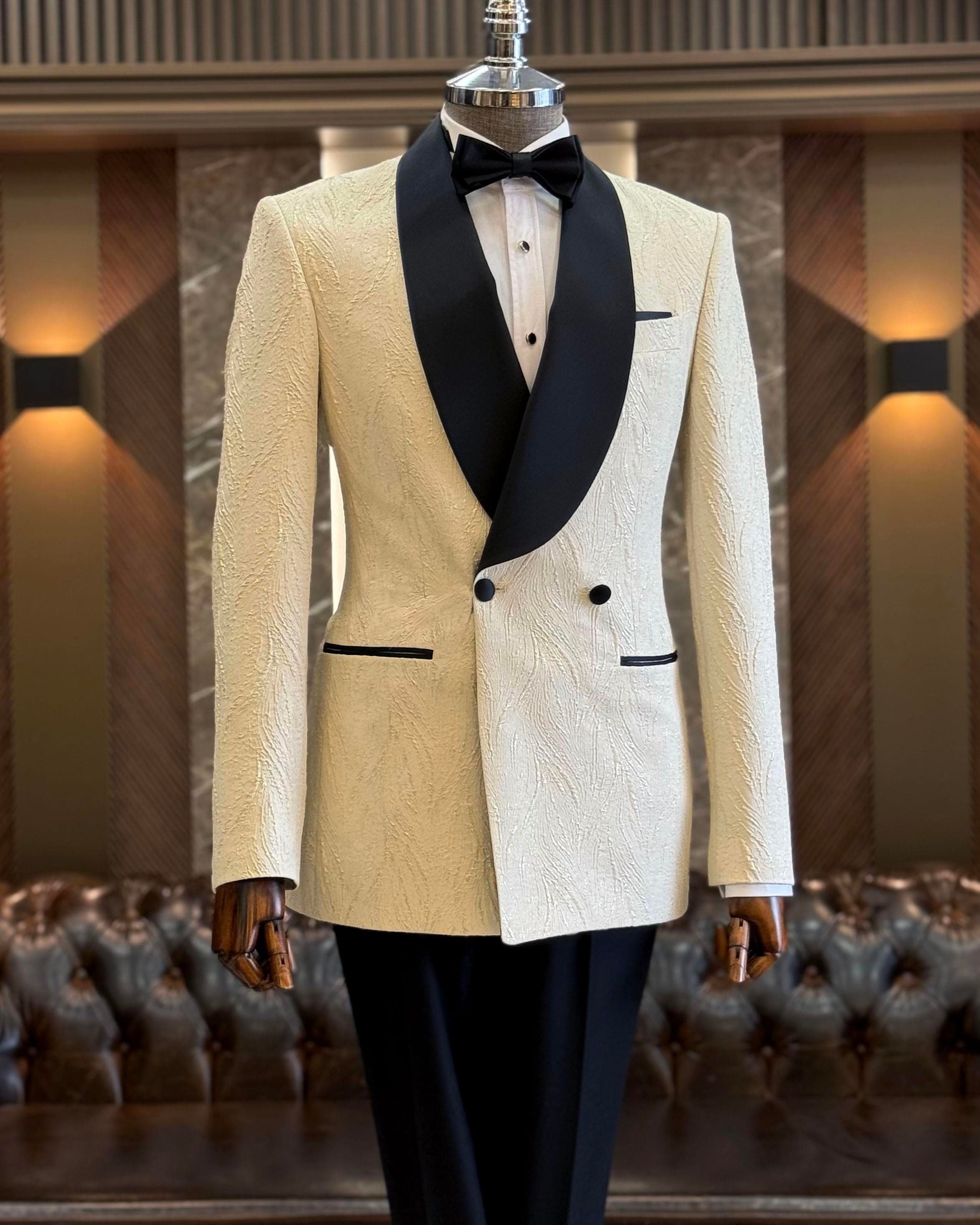 İtalyan stil slim fit şal yaka kruvaze ceket pantolon damatlık set bej T12026