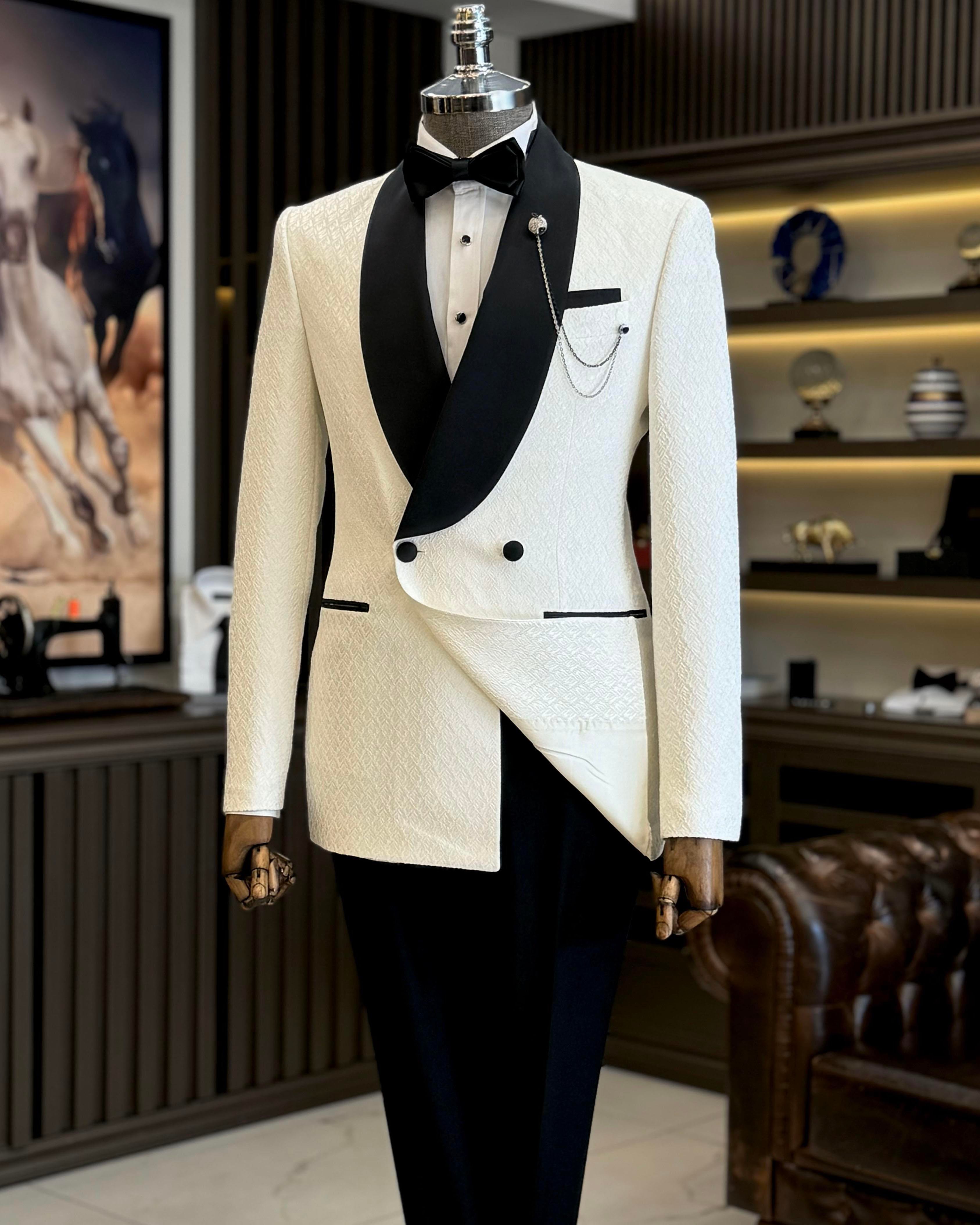 İtalyan stil slim fit şal yaka kruvaze ceket pantolon damatlık set beyaz T12028