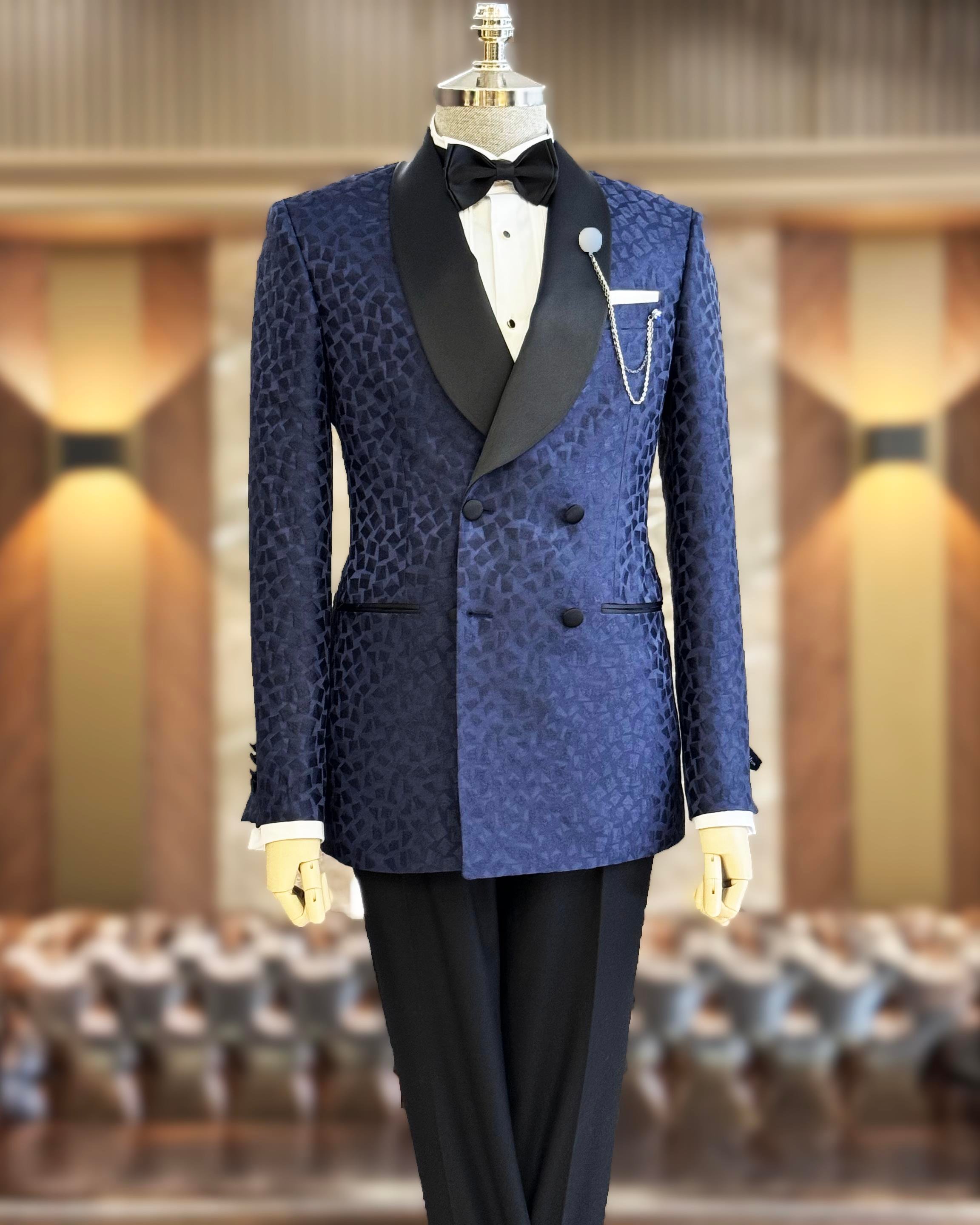 İtalyan stil slim fit şal yaka kruvaze ceket pantolon damatlık set lacivert T11796