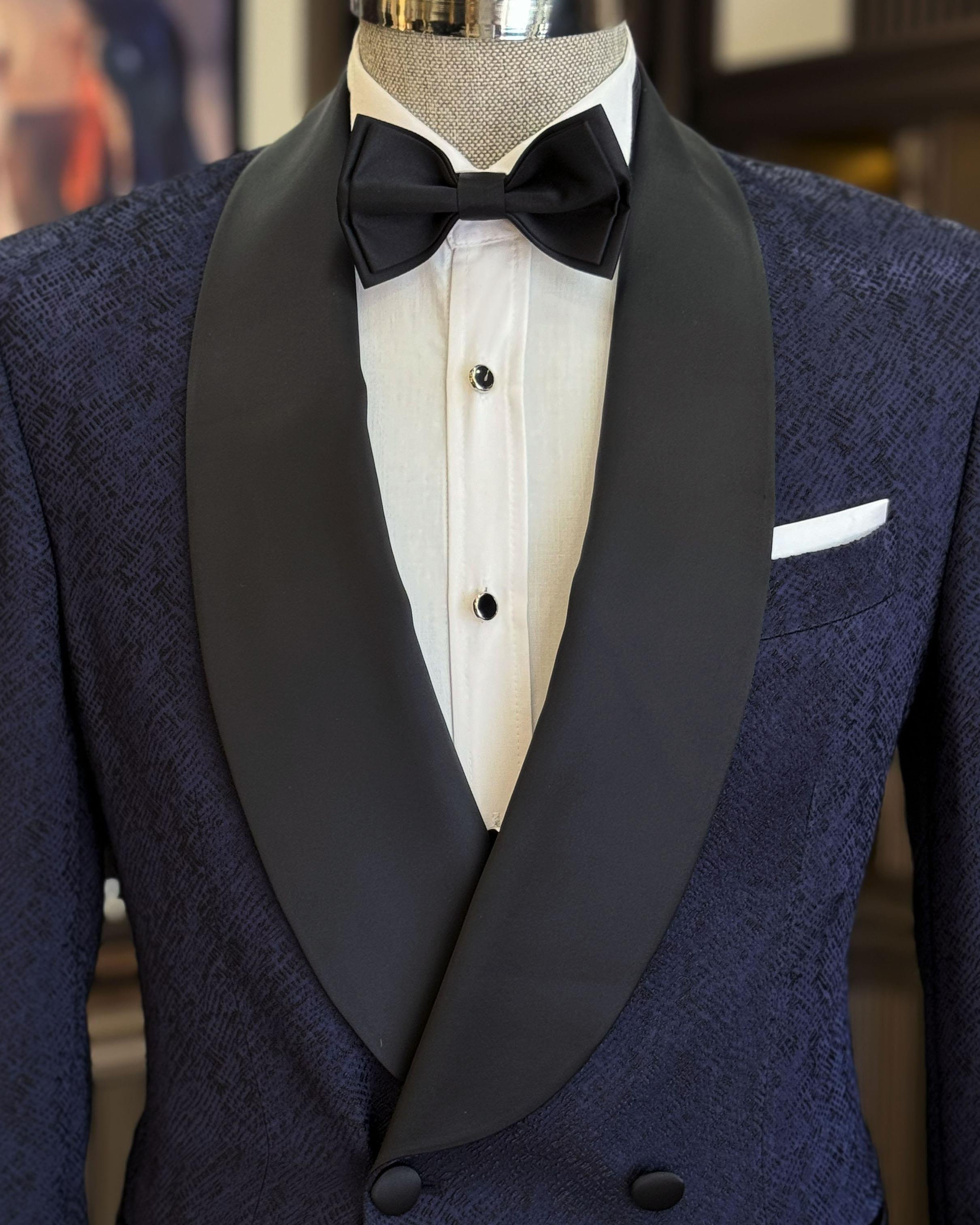 İtalyan stil slim fit şal yaka kruvaze ceket pantolon damatlık set lacivert T12032