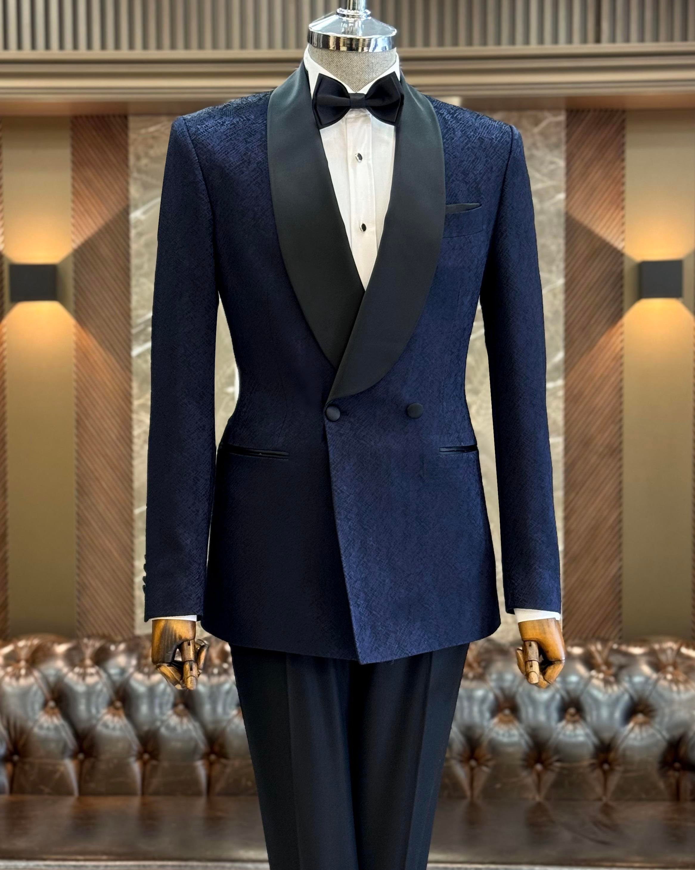 İtalyan stil slim fit şal yaka kruvaze ceket pantolon damatlık set lacivert T12032